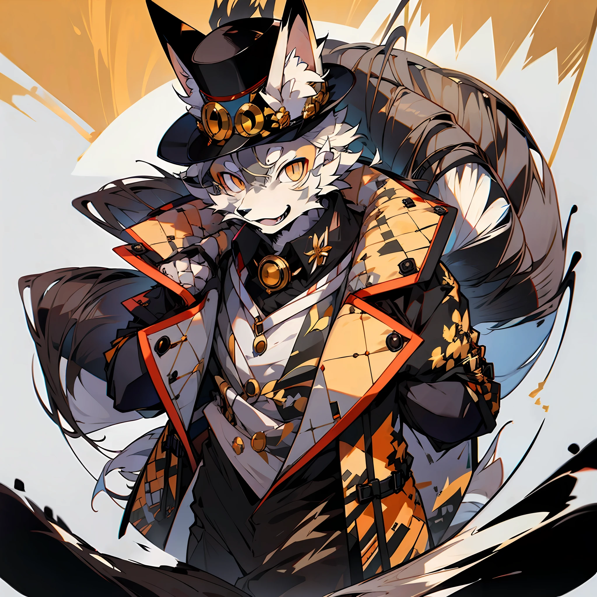 Single, furry male, furry, furry, fox, canine, gray-black fur, golden eyes, trench coat, top hat