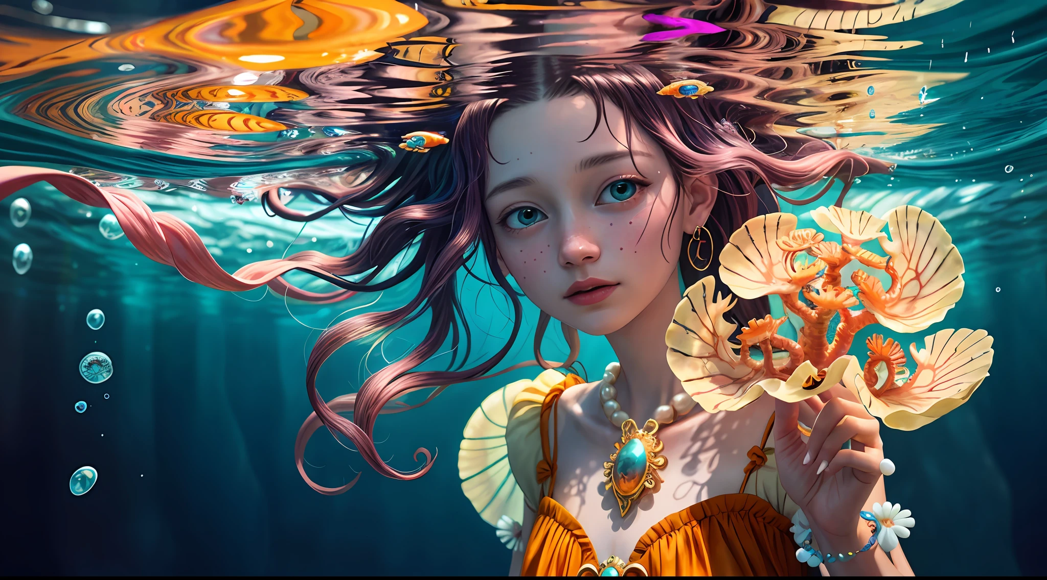 Colorful, master composition, focus on key figures, realism, masterpiece, award-winning, best quality, masterpiece, ultra-detailed, 8K, extremely detailed CG Unity 8k wallpaper, complex, highly detailed, realistic, "under water, intricate details, macro shot glowing jellyfish girl, coral, light bulb, brightness, (neutral color: 1.2), ultra-detailed, cinematic, complex background, huge ocean twisted Mandelbrot fractal shell, golden pearl nacre, hyper detail, ArtStation, Octane Renderer, (Color Acne: 1.3)",