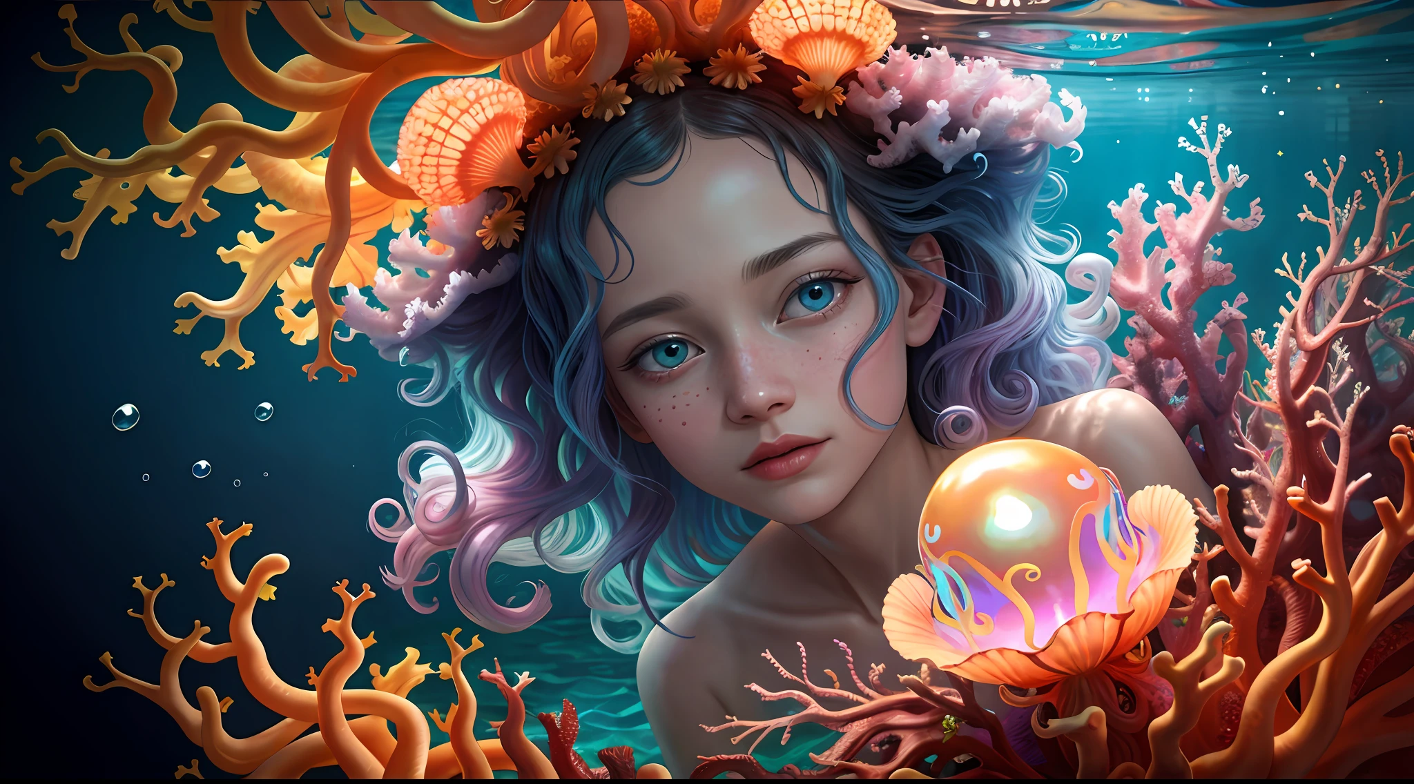 Colorful, master composition, focus on key figures, realism, masterpiece, award-winning, best quality, masterpiece, ultra-detailed, 8K, extremely detailed CG Unity 8k wallpaper, complex, highly detailed, realistic, "under water, intricate details, macro shot glowing jellyfish girl, coral, light bulb, brightness, (neutral color: 1.2), ultra-detailed, cinematic, complex background, huge ocean twisted Mandelbrot fractal shell, golden pearl nacre, hyper detail, ArtStation, Octane Renderer, (Color Acne: 1.3)",