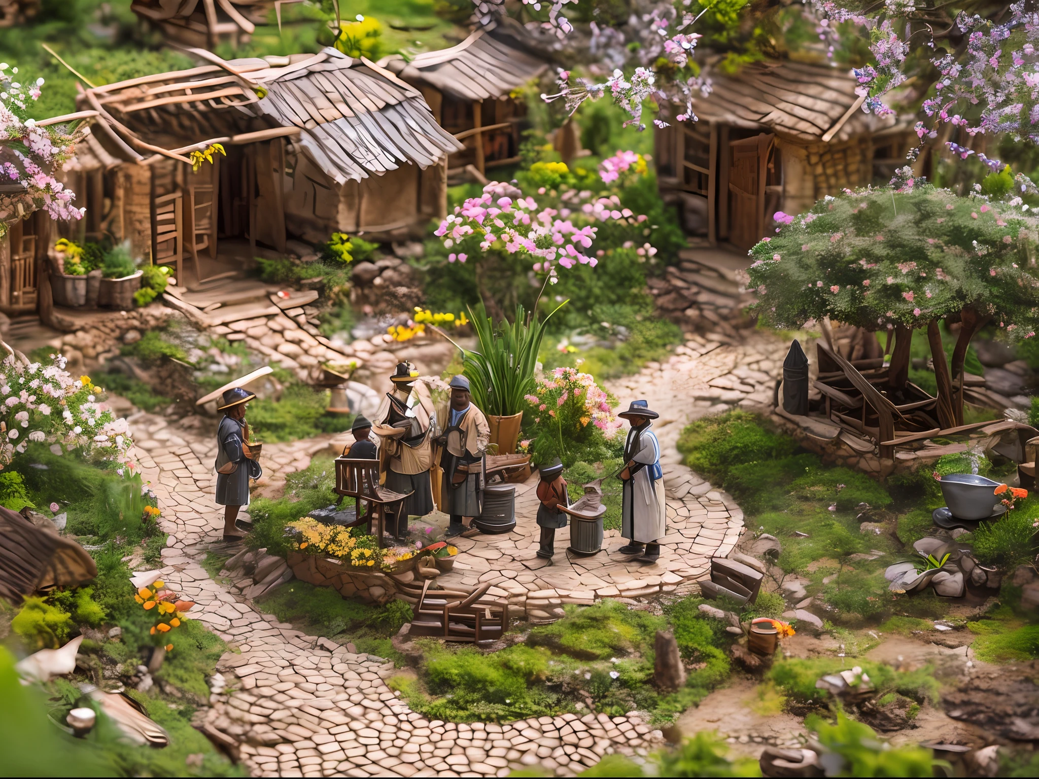 a very intricately detailed miniature diorama landscape village in Sub Saharan Africa , colonist people in the street, colonial courtyard, cozy and peaceful atmosphere, spring atmosphere , shining sun, several birches nearby, elderly man passing by, macro photography, soft light, artstation, 8K, lots of flowers, realistic