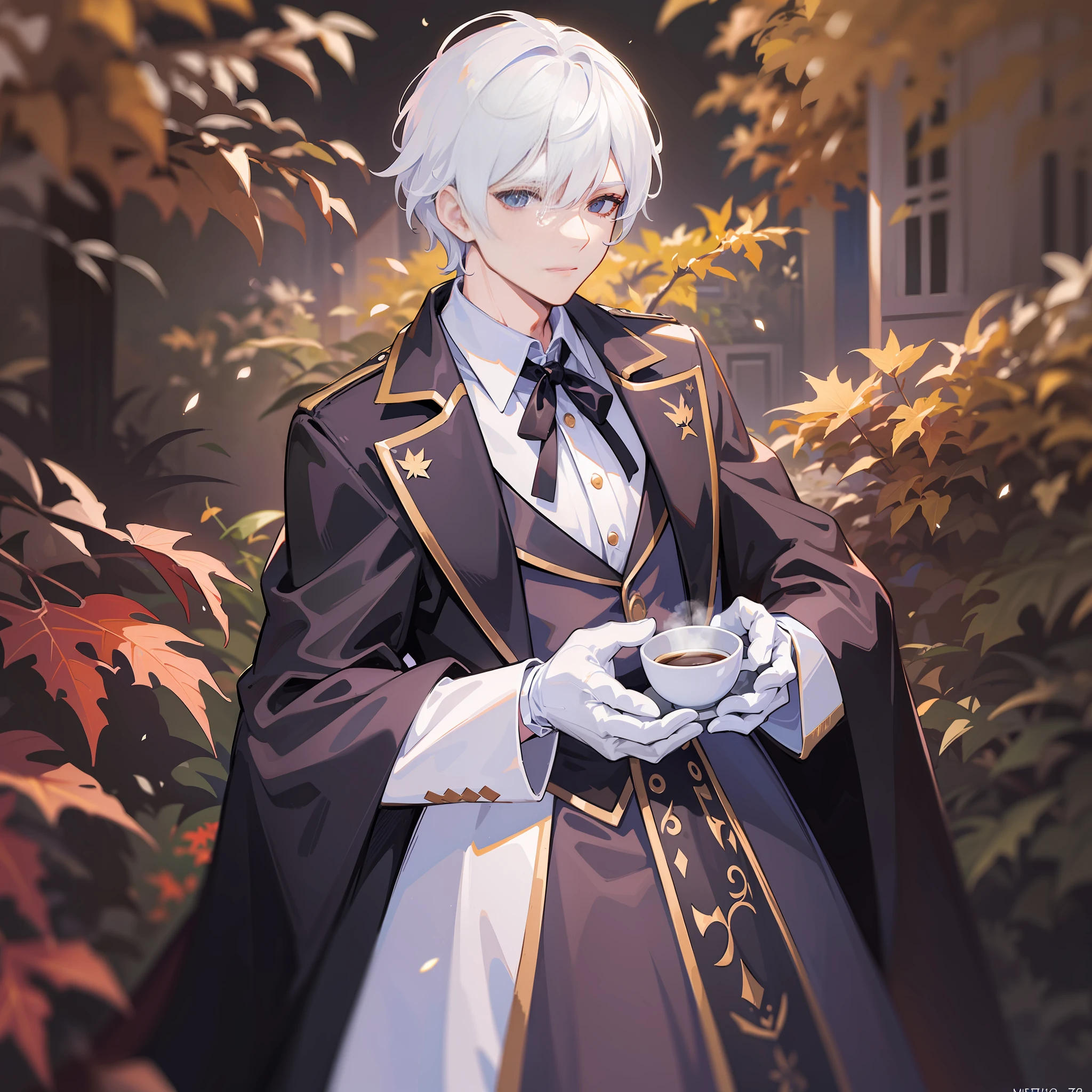 Boy, white hair, holding coffee, in a French-style black dress and white gloves, in the autumn night in the silent garden maple leaf falling, the picture quality reaches 8K wallpaper level, using light and shadow rendering interpretation, wide-angle lens presentation, the highest quality masterpiece.