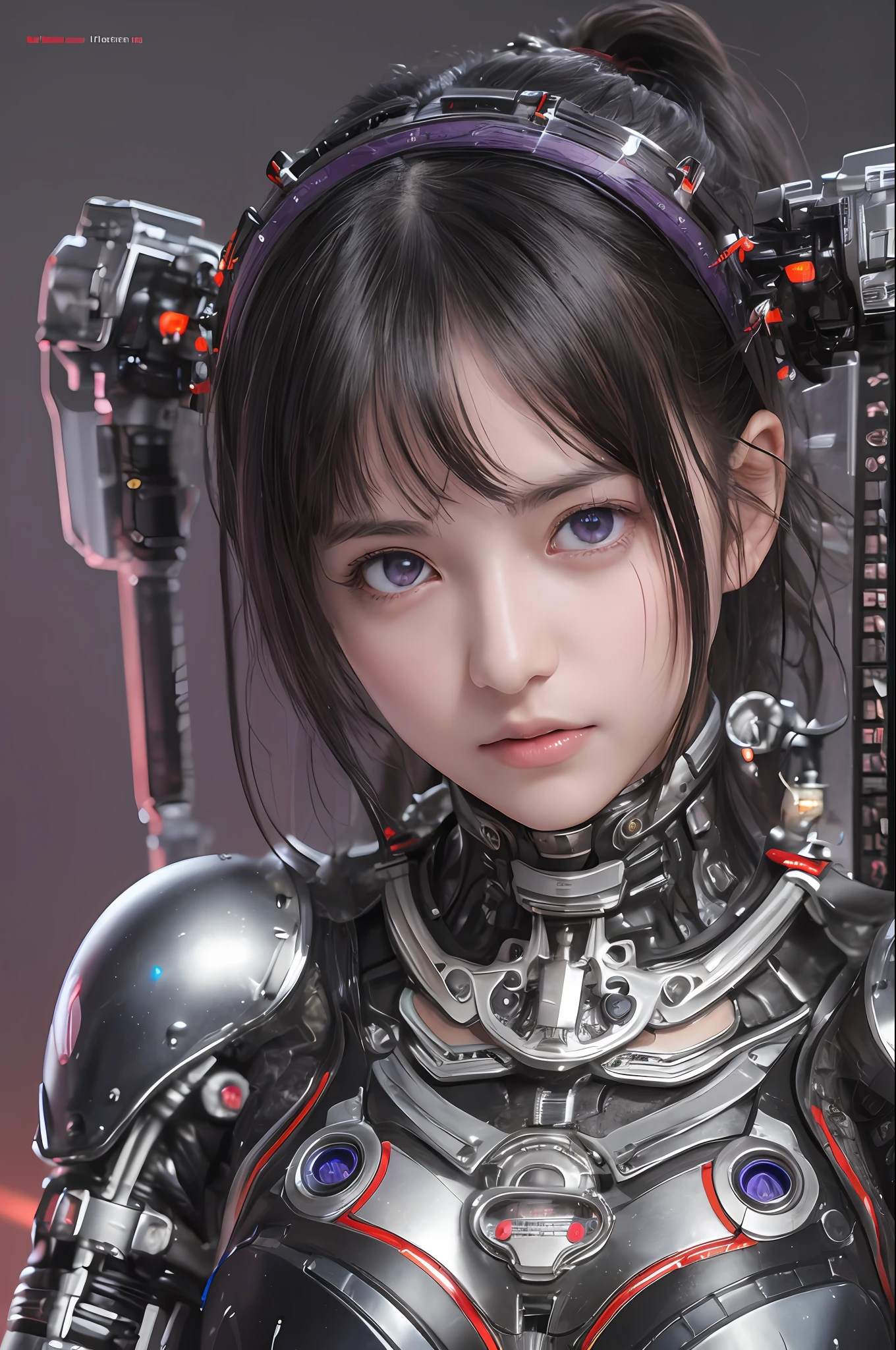 Top Quality, Masterpiece, Ultra High Resolution, (Photorealistic: 1.4), Raw Photo, 1 Girl, Black Hair, Glossy Skin, 1 Mechanical Girl, (Ultra Realistic Details)), Portrait, Global Illumination, Shadows, Octane Rendering, 8K, Ultra Sharp, Big, Cleavage Exposed Raw Skin, Metal, Complex Ornaments Details, Cold Color, Egyptian details, very intricate details, realistic light, CGSoation trend, purple eyes, glowing eyes, facing the camera, neon details, mechanical limbs, blood vessels connected to tubes, mechanical vertebrae attached to the back, mechanical cervical attachment to the neck, sitting, wires and cables connecting to the head, evangelion, small LED lamp,