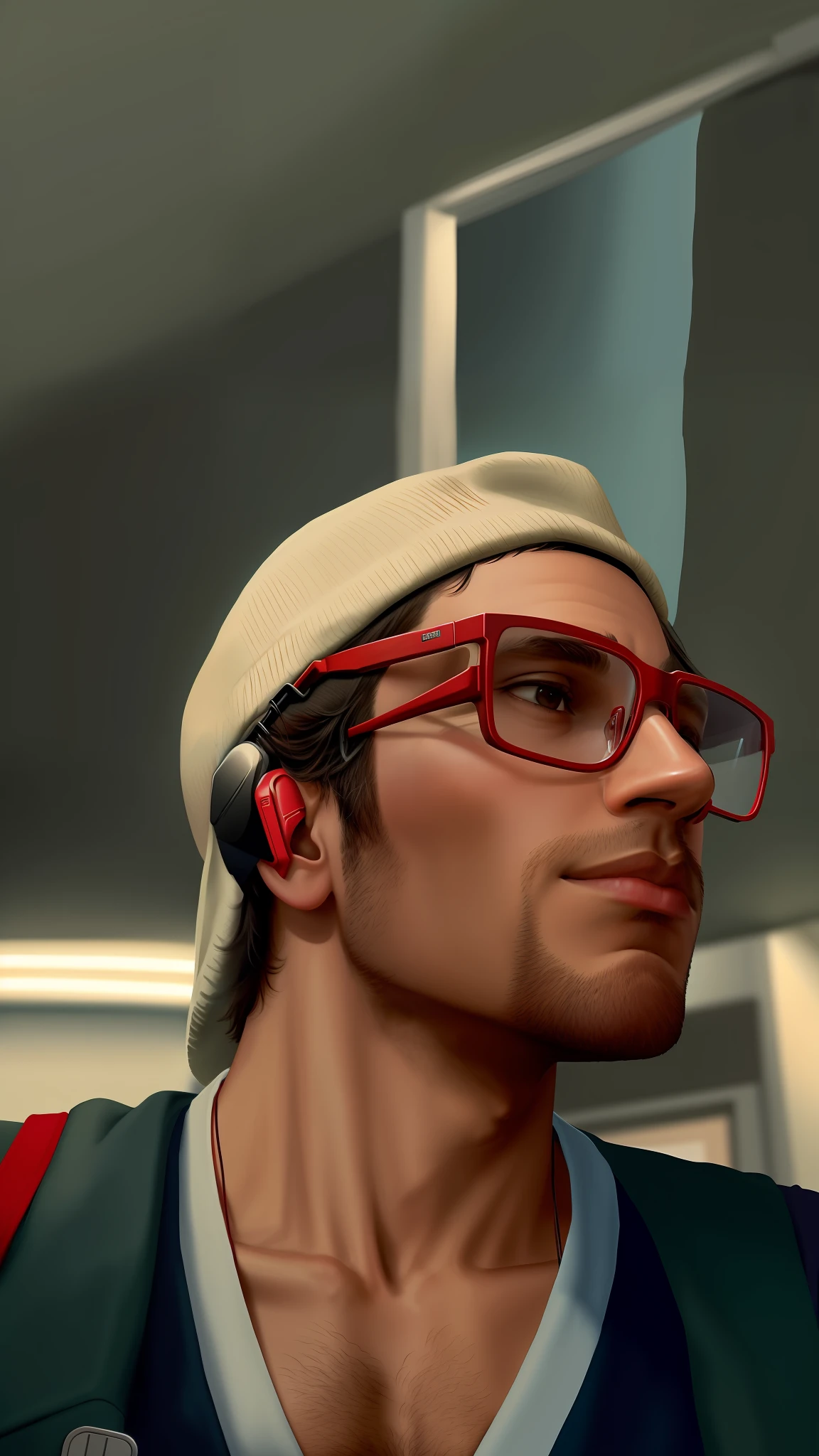 there is a man wearing a hat and glasses with a cell phone in his hand, with head phones, headshot profile picture, very very low quality picture, profile image, portait photo profile picture, avatar image, shot on iphone 1 3 pro max, wearing red tainted glasses, wearing a headset, taken on iphone 1 3 pro, halfbody headshot