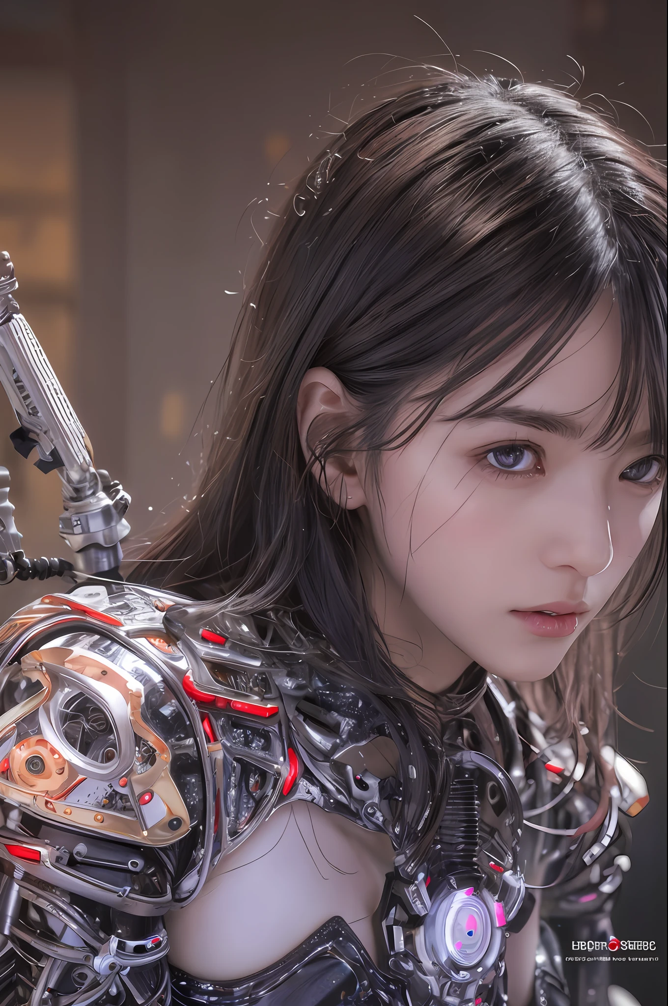 Top Quality, Masterpiece, Ultra High Resolution, (Photorealistic: 1.4), Raw Photo, 1 Girl, Black Hair, Glossy Skin, 1 Mechanical Girl, (Ultra Realistic Details)), Portrait, Global Illumination, Shadows, Octane Rendering, 8K, Ultra Sharp, Big, Cleavage Exposed Raw Skin, Metal, Complex Ornaments Details, Cold Color, Egyptian details, very intricate details, realistic light, CGSoation trend, purple eyes, glowing eyes, facing the camera, neon details, mechanical limbs, blood vessels connected to tubes, mechanical vertebrae attached to the back, mechanical cervical attachment to the neck, sitting, wires and cables connecting to the head, evangelion, small LED lamp,