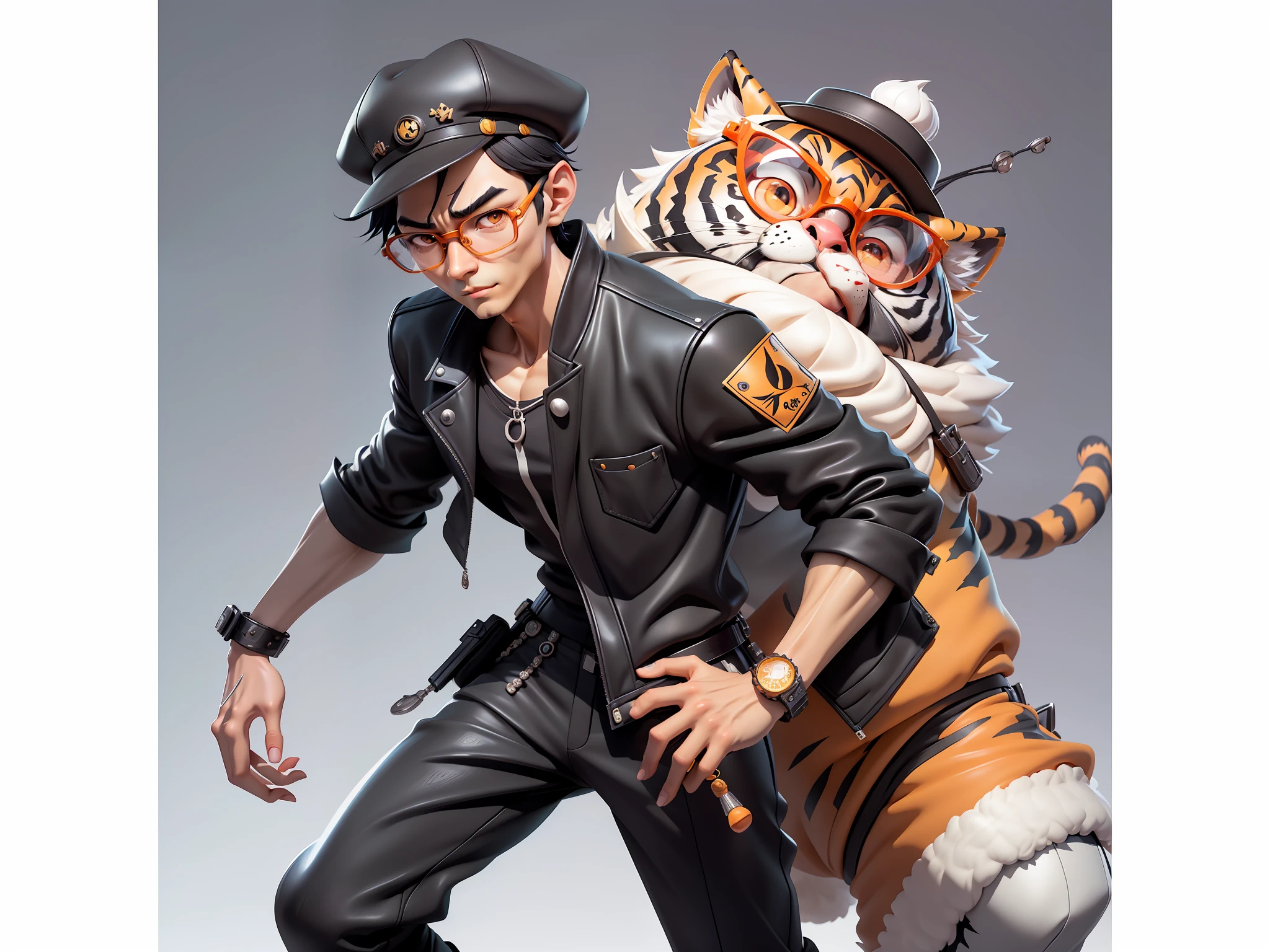 Young man with oriental face wearing leather hat wearing tiger formal suit, short black hair, silver glasses, digital painting, 3D character design by Mark Clairedon and Pixar and Hayao Miyazaki and Akira Toriyama, the illustrations are HD illustrations in 4K resolution with very detailed facial features and cartoon-style visuals.