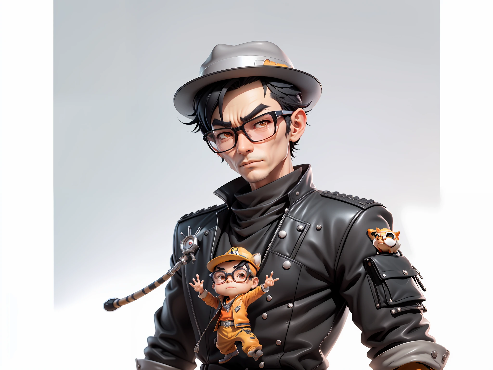 Young man with oriental face wearing leather hat wearing tiger formal suit, short black hair, silver glasses, digital painting, 3D character design by Mark Clairedon and Pixar and Hayao Miyazaki and Akira Toriyama, the illustrations are HD illustrations in 4K resolution with very detailed facial features and cartoon-style visuals.