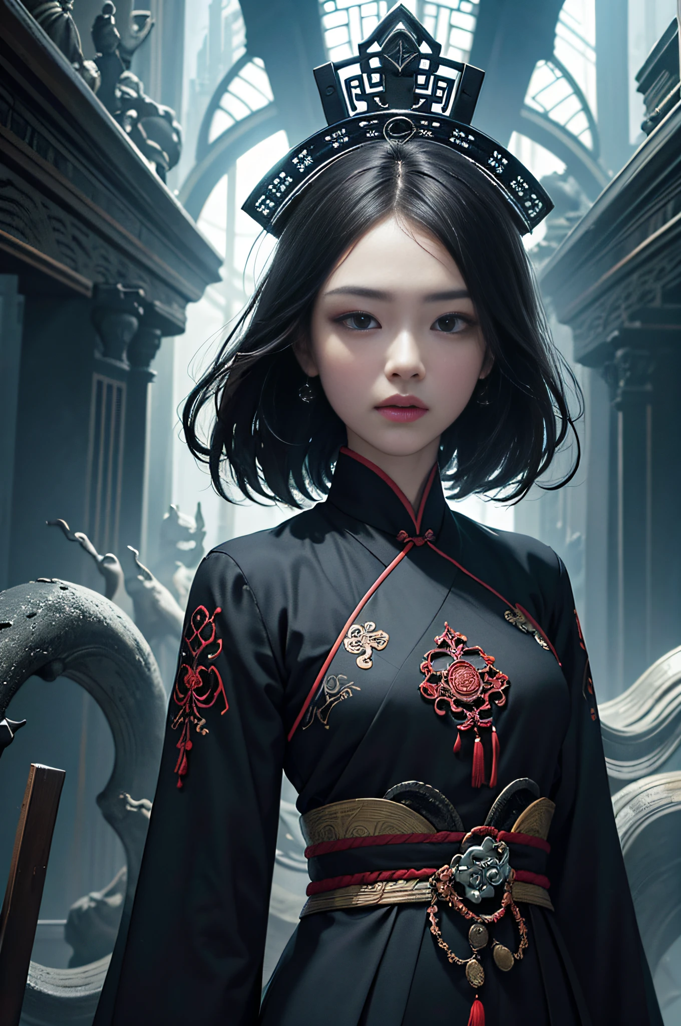 official art, Unity 8k wallpaper, ultra-detailed, beautiful, beautiful, masterpiece, best quality, dark, atmospheric, mystical, romantic, creepy, literature, art, fashion, Ming and Qing dynasties, decoration, intricate, ironwork, embroidery, contemplation, emotional depth, supernatural, black hanfu, 1 girl, solo, neck, bust composition, cinematic lighting, dynamic perspective, sexy,