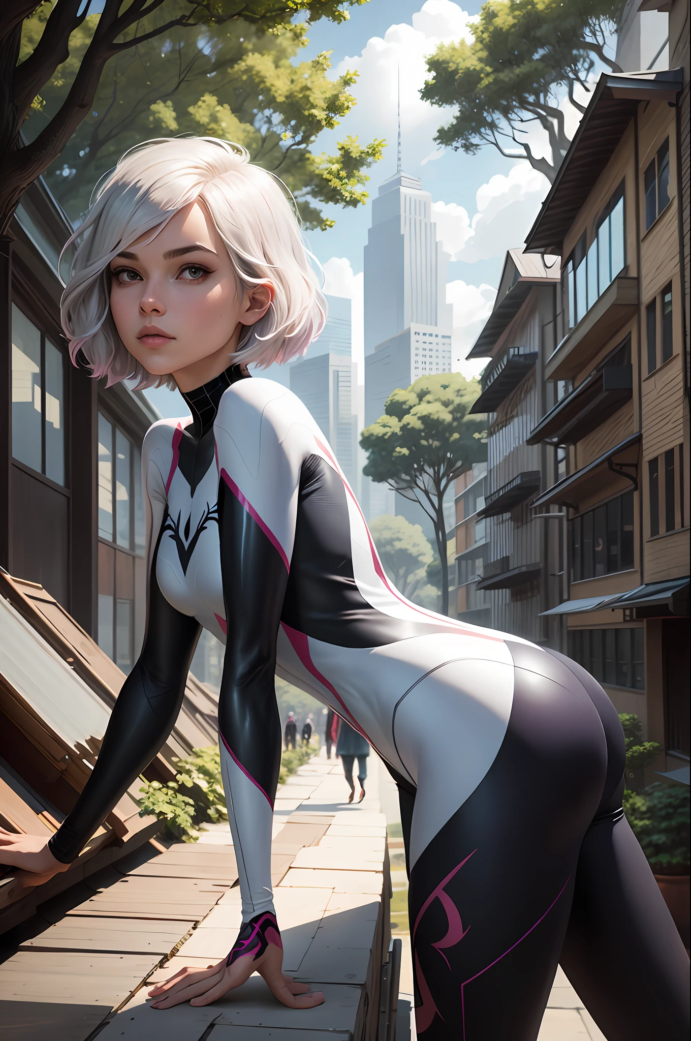 Girl in her 20s, spider Gwen suit, short hair, forest of buildings, roofs, masterpieces, intricate details, perfect anatomy
