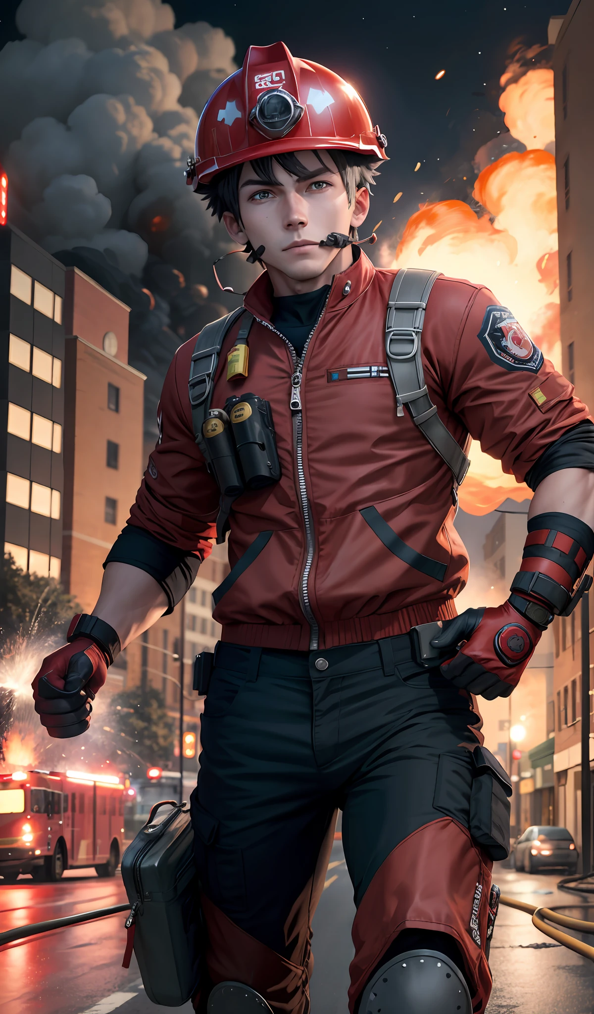 firefighter, realistic, 4k, cinematic, anime, boy, cute, 22 years old, charismatic, helmet, protective pants, red and gray themed clothes, running towards the camera, full throttle, building on fire, night