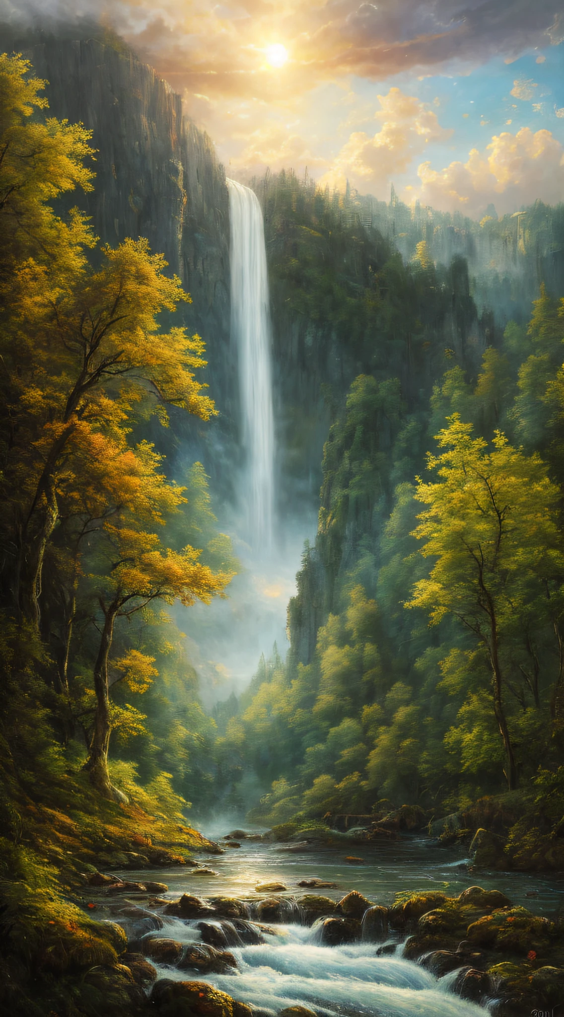 Masterpiece, best quality, high quality, extremely detailed CG 8k wallpaper unit, charming dream scene of dream forest, imposing trees, hidden fairy gorge, creating a mysterious and charming feel, artstation, digital illustration, complex, trend, pastel colors, oil painting, award-winning photography, bokeh, depth of field, HDR, bloom, chromatic aberration, realism, very detailed, artstation trend, CGsociety trend, complex, high detail, dramatic, dark art, clouds, sun, waterfalls, John Constable Painter,