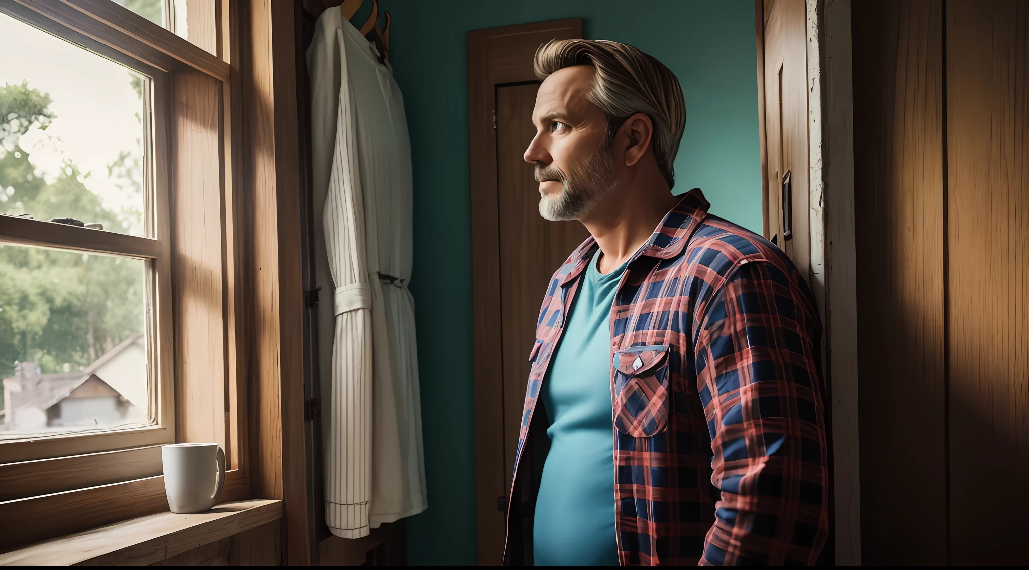 A 43-year-old man, looking out the window, 90's clothes, interior background of an old house