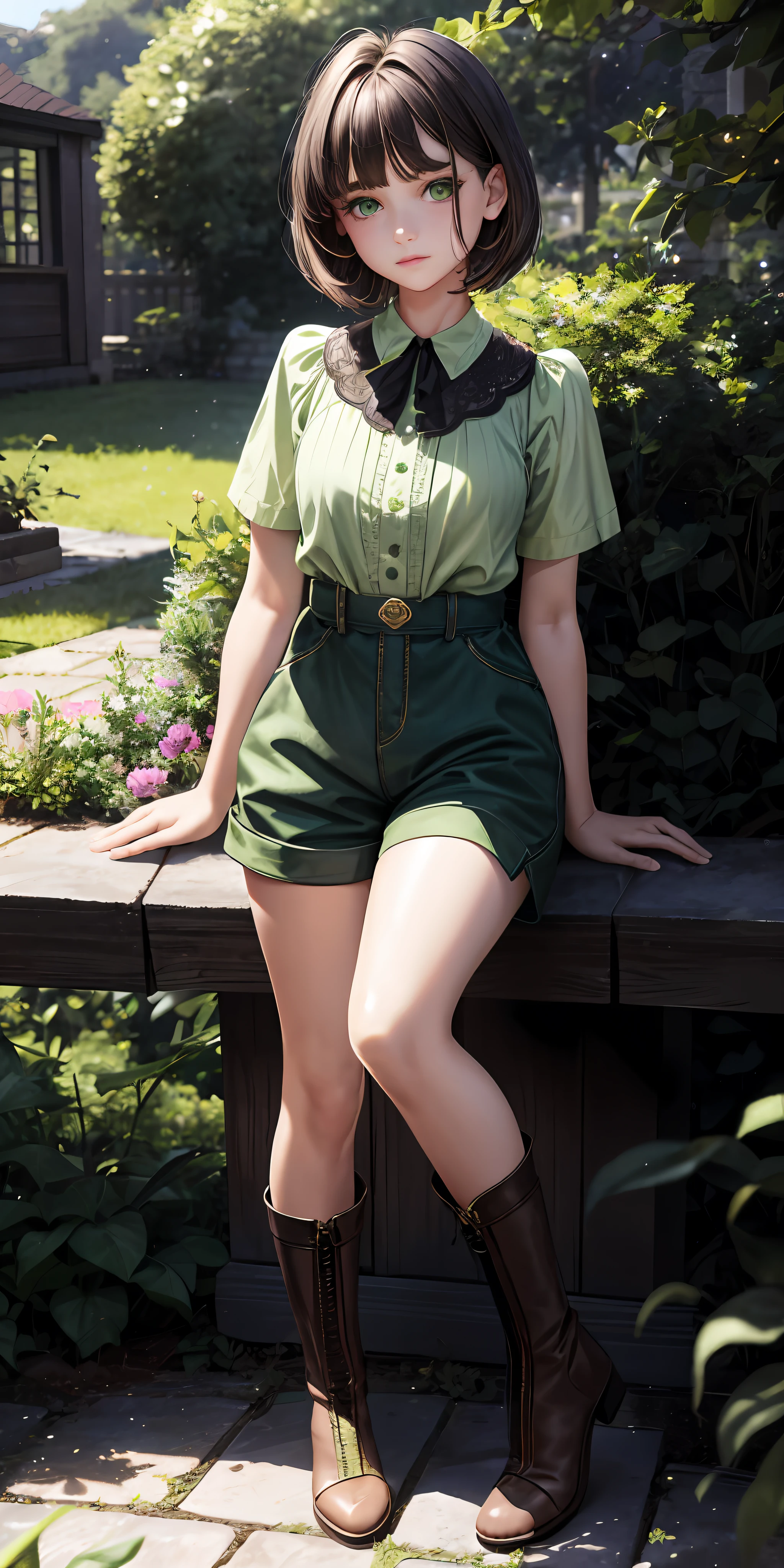 1girl, green eyes, full body, garden as a background, small breast, very short brown hair,  white skin, green shirt, shorts, Boots, long eyelashes, eyeshadow,  small face, big eyes