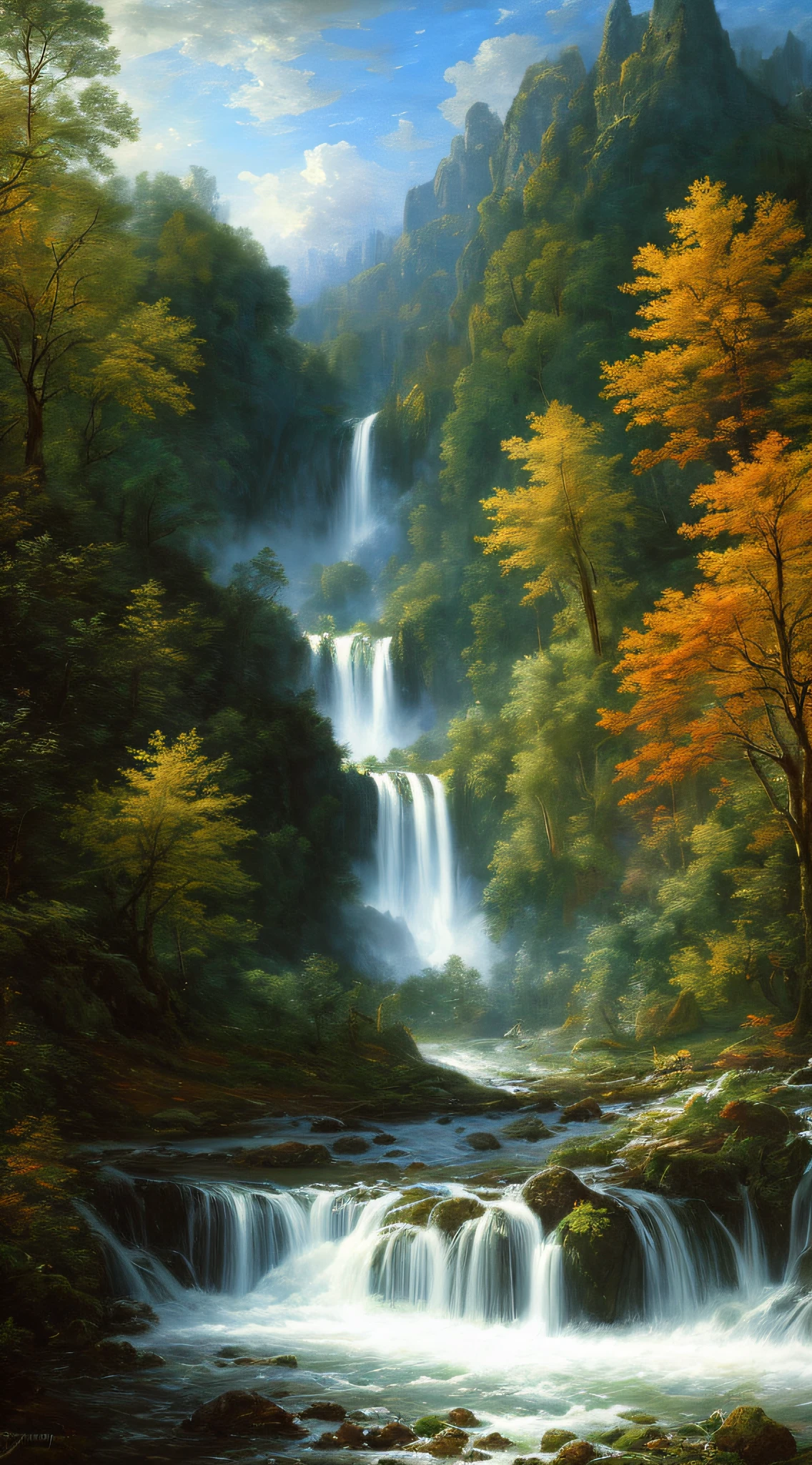 Masterpiece, best quality, high quality, extremely detailed CG 8k wallpaper unit, charming dream scene of dream forest, imposing trees, hidden fairy gorge, creating a mysterious and charming feel, artstation, digital illustration, complex, trend, pastel colors, oil painting, award-winning photography, bokeh, depth of field, HDR, bloom, chromatic aberration, realism, very detailed,  artstation trend, CGsociety trend, complex, high detail, dramatic, dark art, clouds, sun, waterfalls, John Constable Painter,