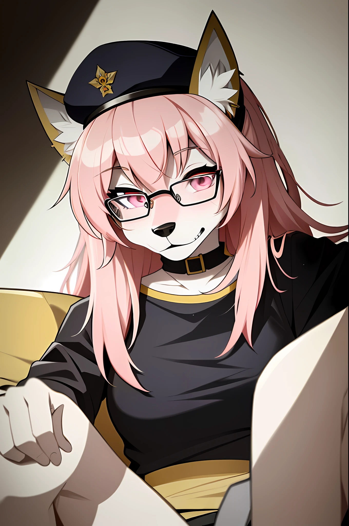 (masterpiece, best quality)), (Anthro Furry:1.3, muzzle:1.2, Anthro:1.3, Furry:1.2, closeup:1.2, female solo:1.2, (wearing Russian military coat) military pants, wearing glasses, Fox spiraled in the colors of Funtime Foxy,Five Nights at Freddy,white skin pink details, pink eyes, sexy position, deserted ambient place, Russian general military hat.