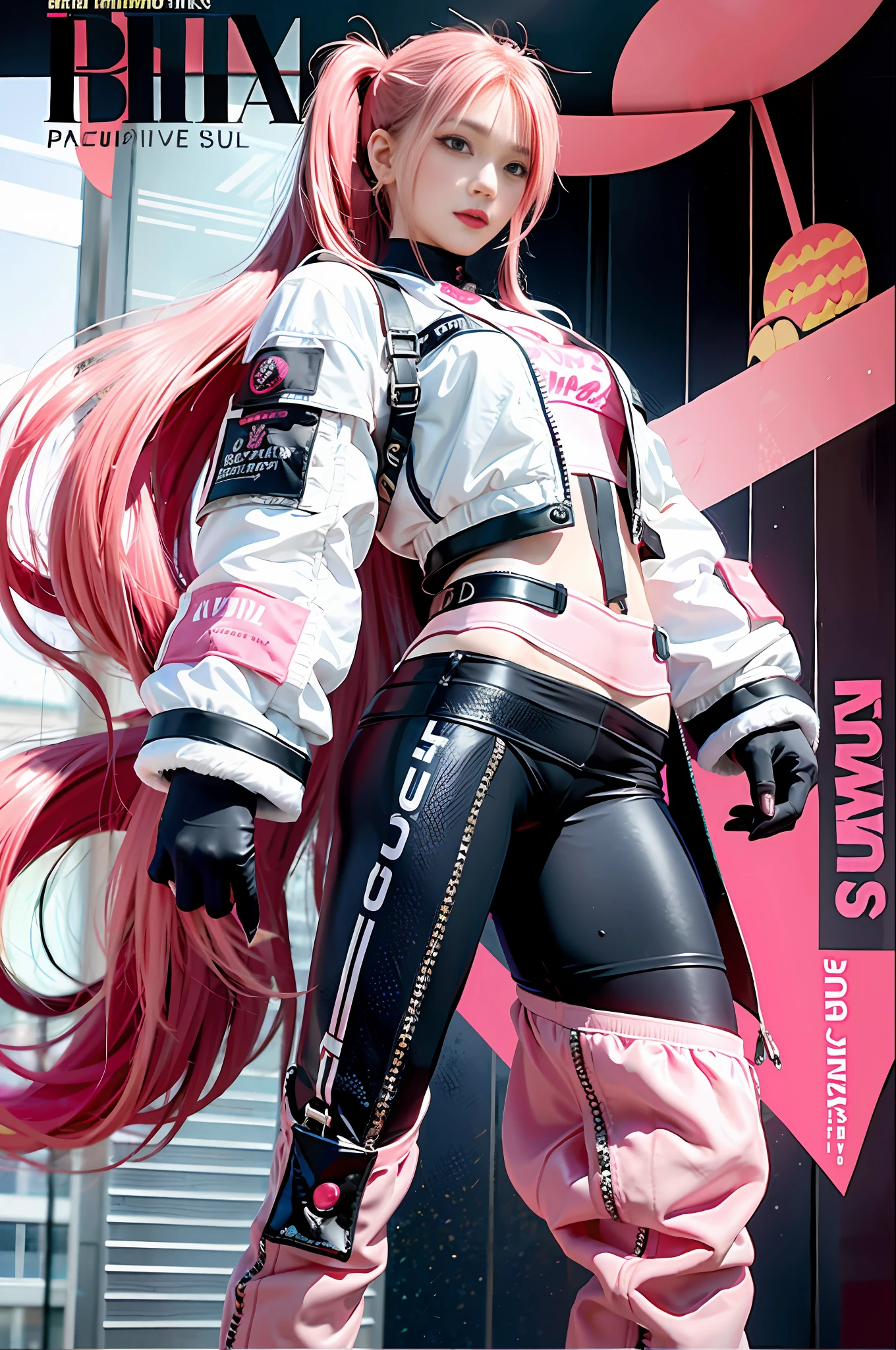 masterpiece, best quality, full body, 1girl, idol in spacesuit, pink long hair, ponytail, harajuku fashion, (Magazine:1.3), (Cover style:1.3), fashionable, woman, vibrant, costume, posing, front, colorful, dynamic, background, element, confidence, expression, retention, statement, accessory, majestic, coil, around, touch, scene, text, cover, bold, attention, title, stylish, font, catchy, headline, big, impressive, modern, trendy, focus, fashion,