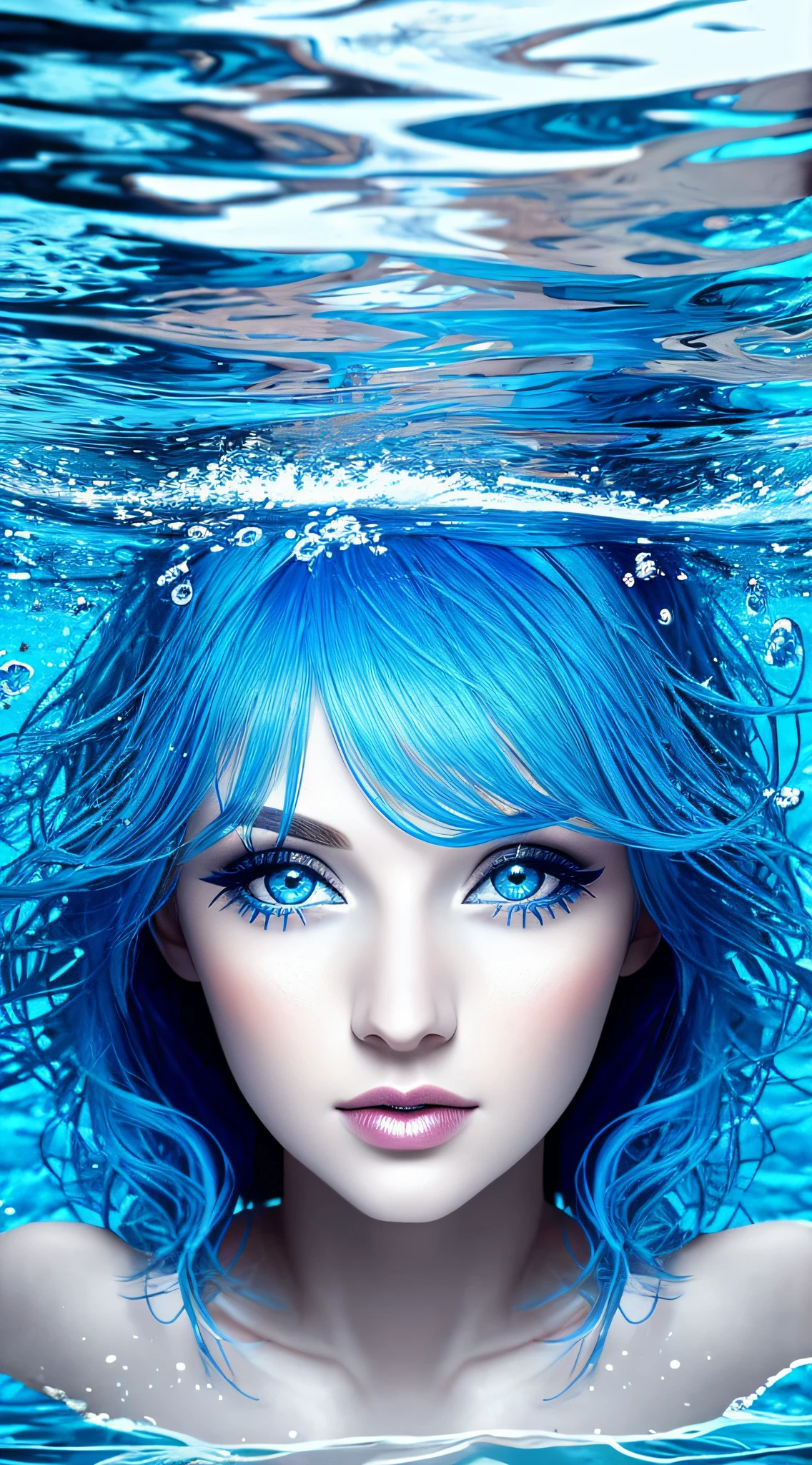 Under water scene, amazing woman, blue hair, blue eyes,