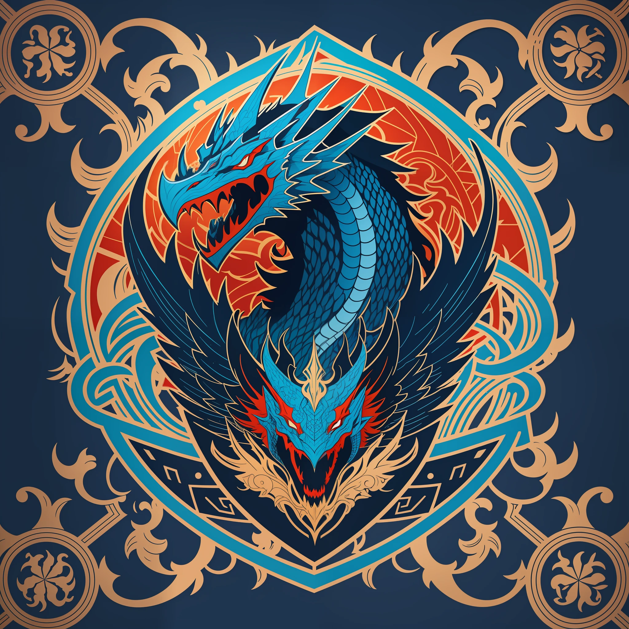 [Blue Dragon] coat of arms silhouette, logo masking style illustration, Dan Mumford, Greg Lutkowski, James Jean, black background, fantasy art, mysterious, realistic, majestic, rich vivid colors, high contrast, seamless water brand, art station, deviant art, dribbling, red bubble, tea public, Sharp focus, simple, hyper detail, detailed drawing, vectorization, outline, isometric style, 8k.