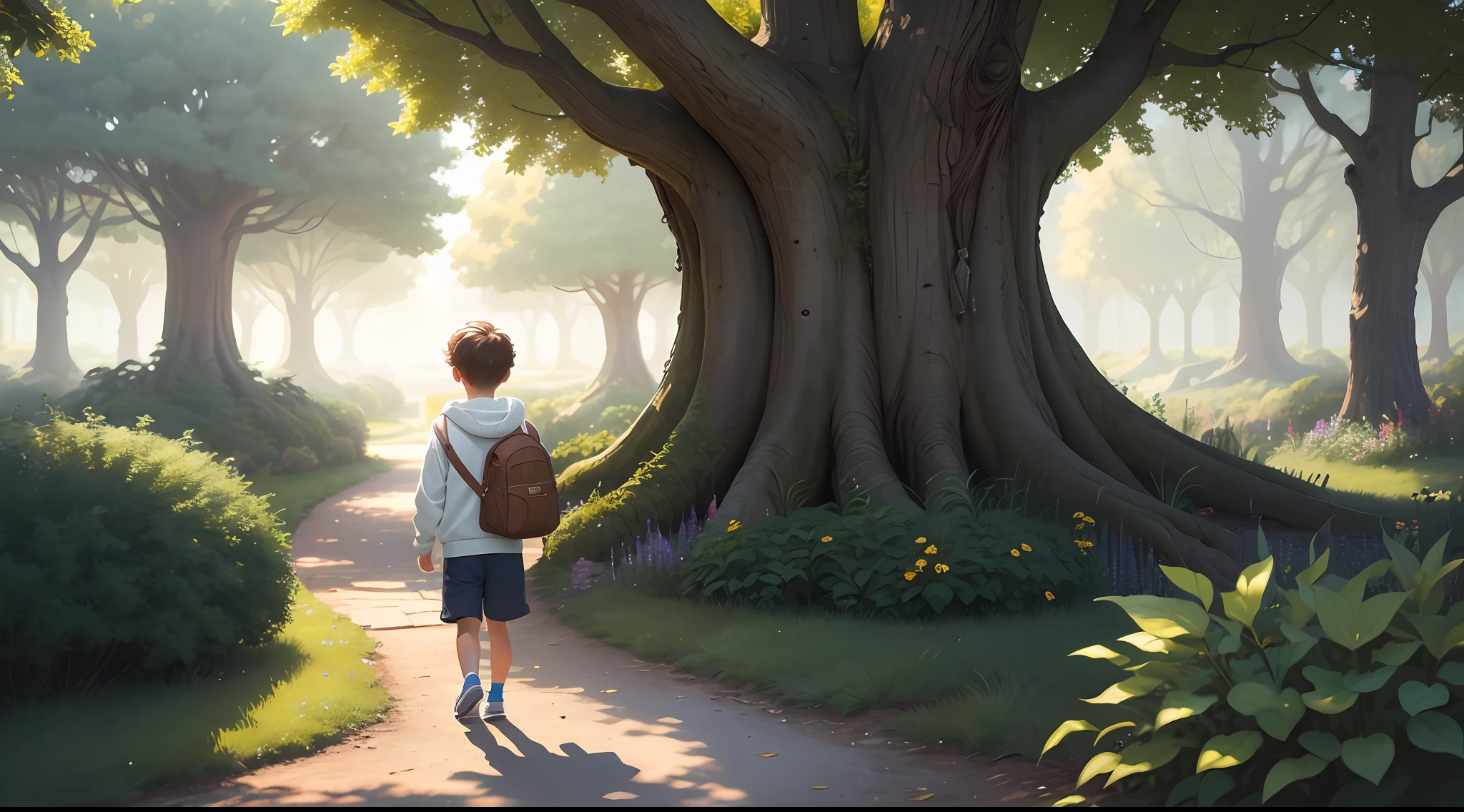 (best quality, masterpiece, ultra-realistic), Masterpiece, best quality, cinematic lighting, beautiful concept art, surrealism, epic scene, 8K,Milo is a ,boy wearing shorts, white hoodie and carrying a brown school bag, a curious and adventurous young boy, finds himself exploring the outskirts of his neighborhood on a sunny afternoon. As he wanders along a familiar path, he notices a peculiar opening among the bushes near an old oak tree. Intrigued, he pushes aside the foliage and discovers a hidden pathway leading to an enchanting garden.