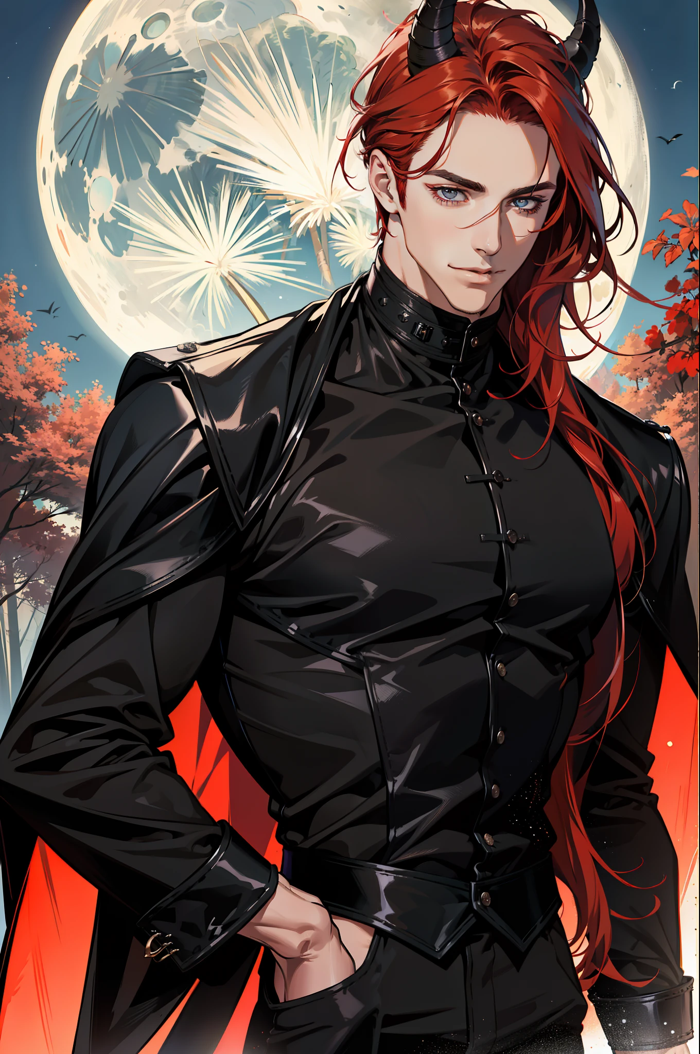 (absurdres, highres, ultra detailed), 1 male, adult, handsome, tall muscular guy, broad shoulders, finely detailed eyes and detailed face, black leather clothes, night, smile, dutch angle, little long red hair, moon, forest, black horns in his head