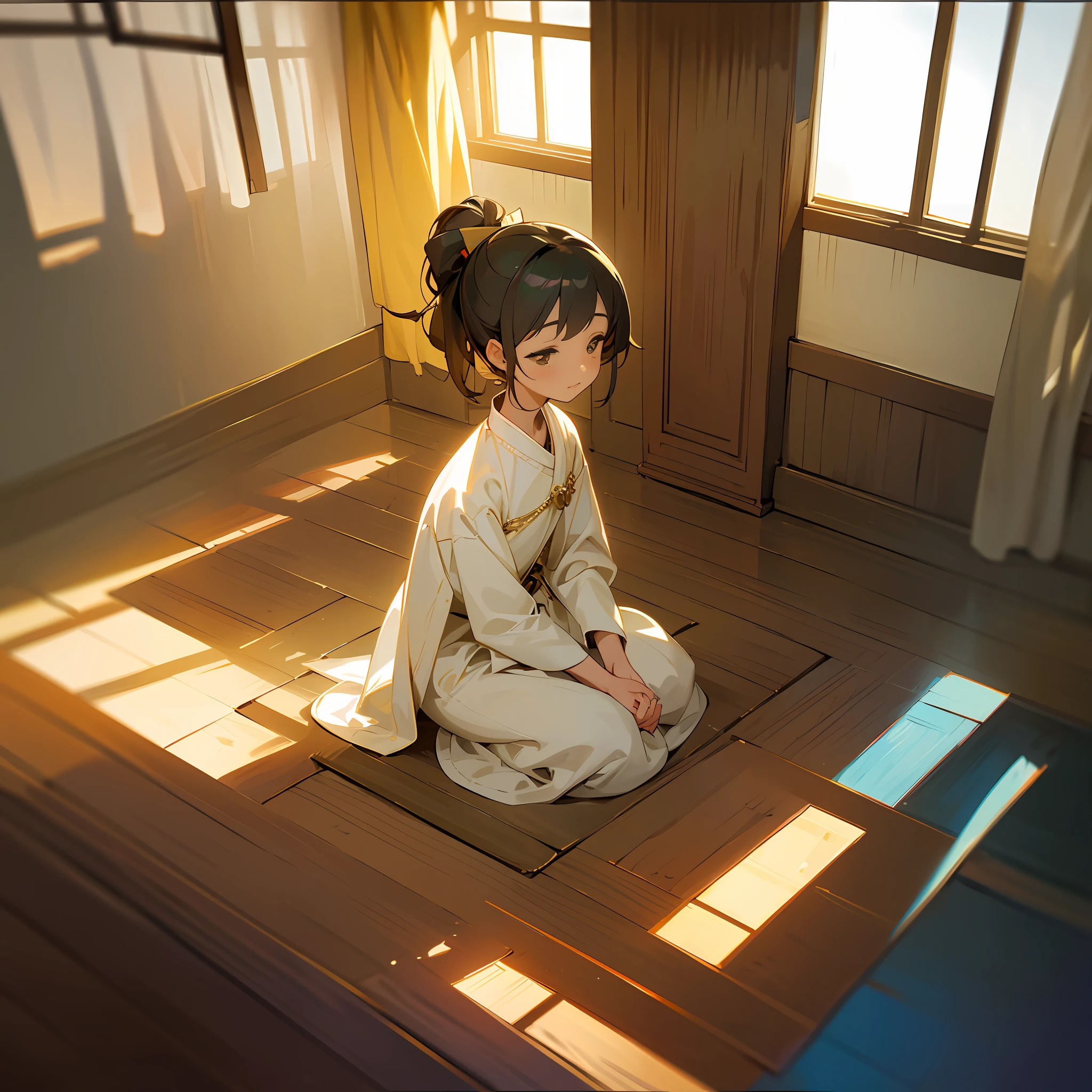 masterpiece,official art,8k, masterpiece, best quality, highly detailed,A person, a humble figure, kneeling on the ground, hands folded in prayer, rays of golden sunlight streaming through a window, illuminating the room, a serene and peaceful atmosphere, a simple wooden floor, a small altar with flickering candles, morning light filtering through the curtains, a sense of devotion and gratitude in the air