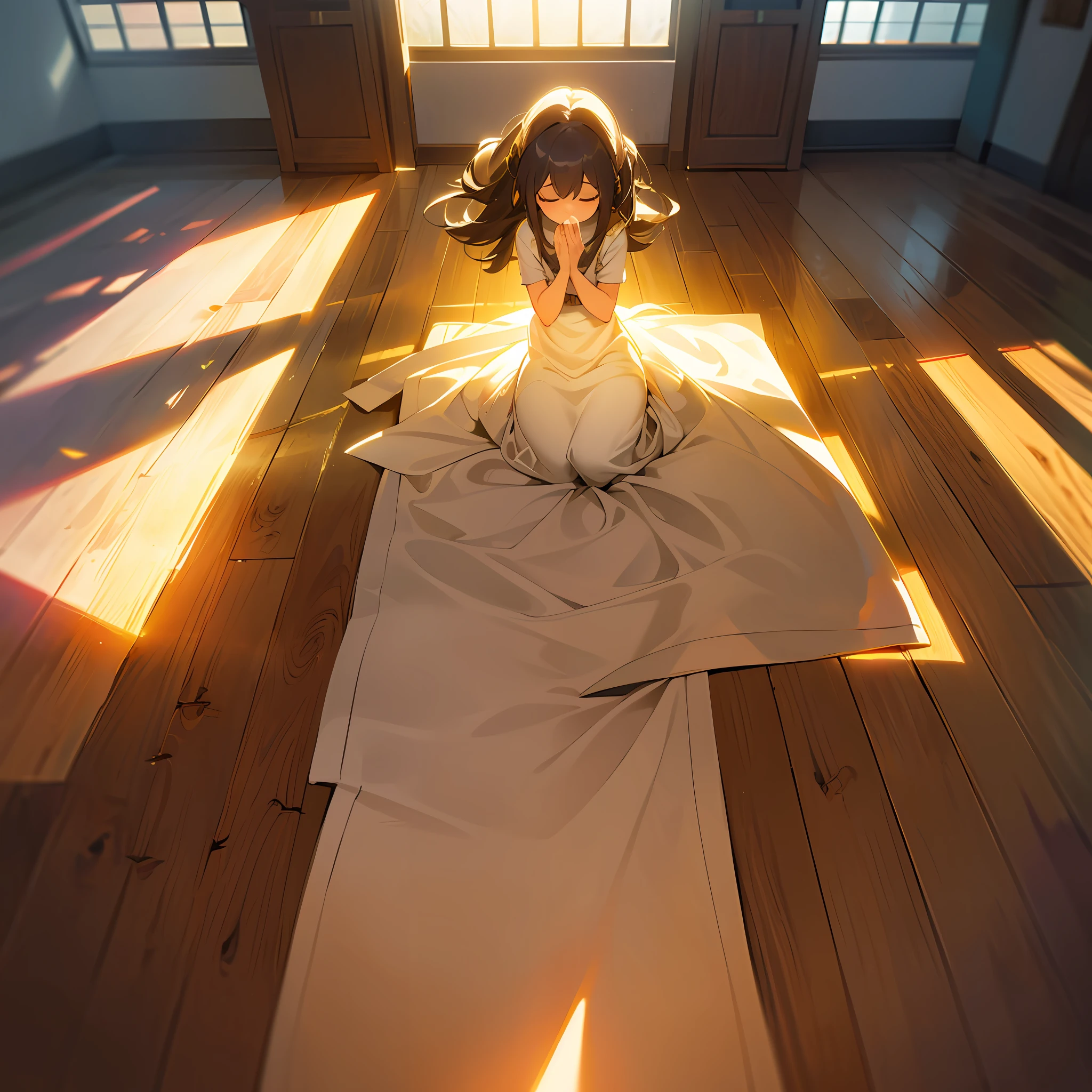 masterpiece,official art,8k, masterpiece, best quality, highly detailed,A person, a humble figure, kneeling on the ground, hands folded in prayer, rays of golden sunlight streaming through a window, illuminating the room, a serene and peaceful atmosphere, a simple wooden floor, a small altar with flickering candles, morning light filtering through the curtains, a sense of devotion and gratitude in the air