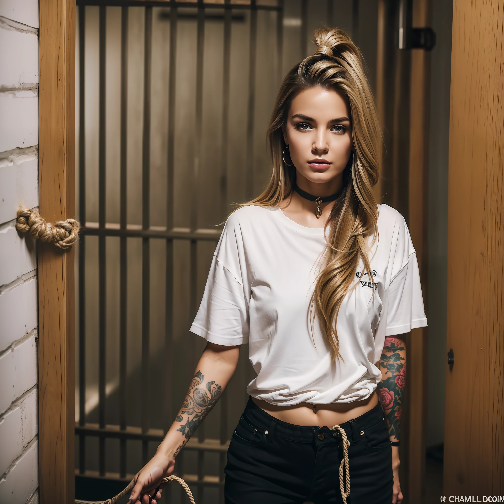 (8k:1.27), best quality, masterpiece, ultra highres:1.2), lesbian delinquent girl with dyed hair and arm tattoos, tattooed girl, full body picture, dirty old white oversized knotted prisoner t-shirt, dirty big t-shirt, short big sleeves, beige prisoner pants tied with a rope, wearing dirty old goth clothes, long blonde hair pulled back and high ponytail, kneeling in a prison cell next to a noose, handcuffed, hands tied with rope behind body, submissive neck choker and checkered keffiyeh scarf in neck, 4k or 8k picture, looking at the floor down very sad, very sad face, praying, paisley bandana pirate style headscarf, smelly, barefoot, rope noose hanging from ceiling, tattooed body, noose rope hanging