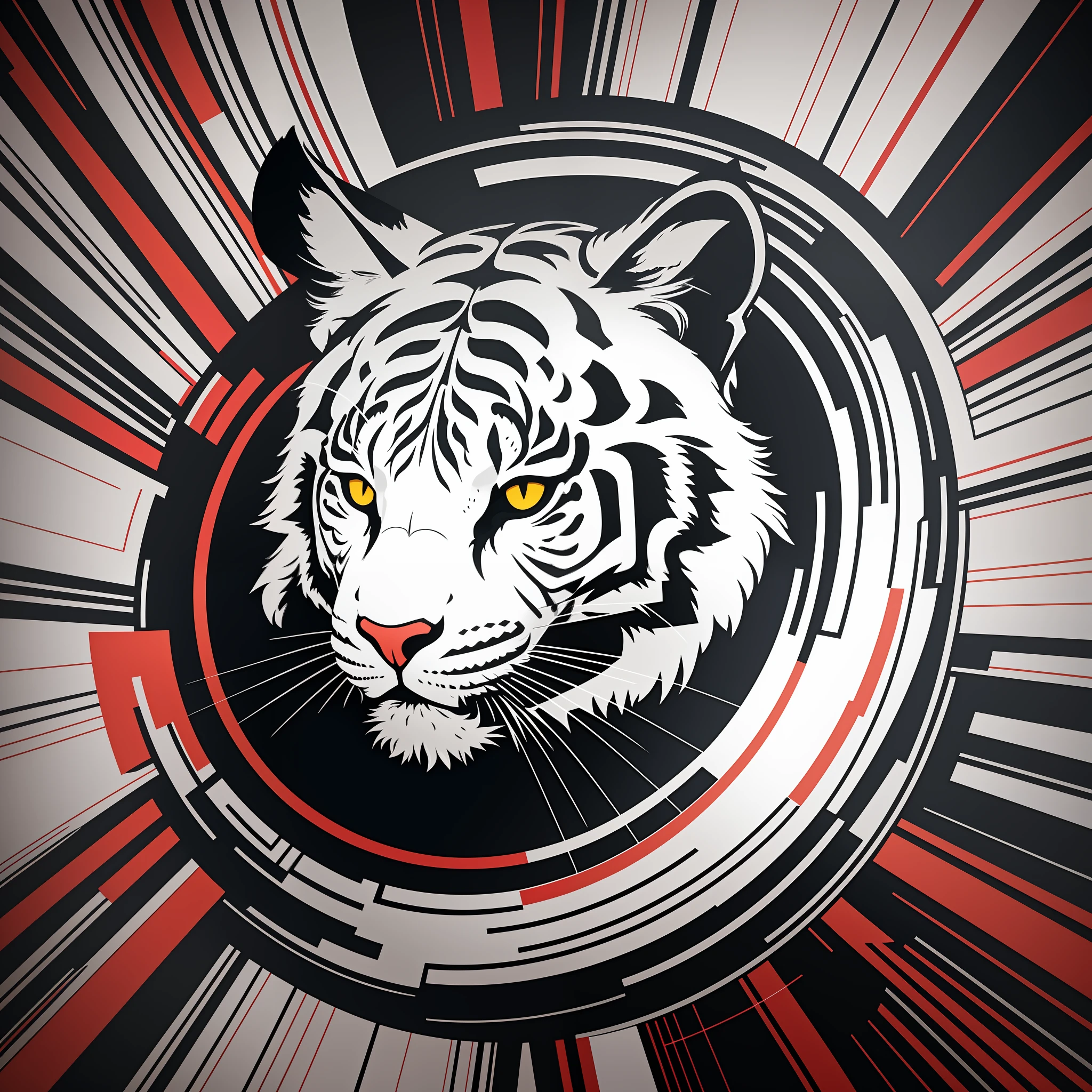 [White Tiger] circular heraldic silhouette, logo masking style illustration, Dan Mumford, Greg Rutkowski, James Jean, black background, fantasy art, mysterious, realistic, majestic, rich vivid colors, high contrast, seamless water brand, art station, deviant art, dribbling, red bubble, tea public, Sharp focus, simple, hyper detail, detailed drawing, vectorization, outline, isometric style, 8k.
