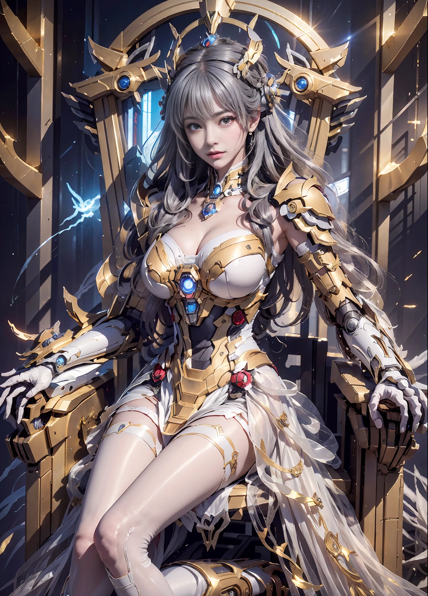 Cyberpunk style mecha Marvel Movie Iron Man Saint Seiya Kamen Rider Queen sitting on throne, ancient technology, ancient legends, white hair (white stockings: 1.5) (Throne: 1.4), sword, (mecha God of War), Egyptian style, (Saint Seiya: 1.7), Taoist symbols, (dragon pattern: 1.6), (gold thread: 1.5) ultra-realistic, Boca effect, shot in the style of David La Chapelle, bioluminescent palette: lilac, pale gold, bright white, ultra-fine, cinematic still life, vibrancy, WLOP and Sakimichan, Artgerm's style, lower chest, perfect eyes, highest image quality 16K, inspired by Harry Winston, shot on Canon EOS R 6, masterpiece, --Chaos 50, gray hair, crown, mole under the eyes, gitchem, wide angle, canon, from above, projection illustration, ray tracing, surrealism, textured skin --s2