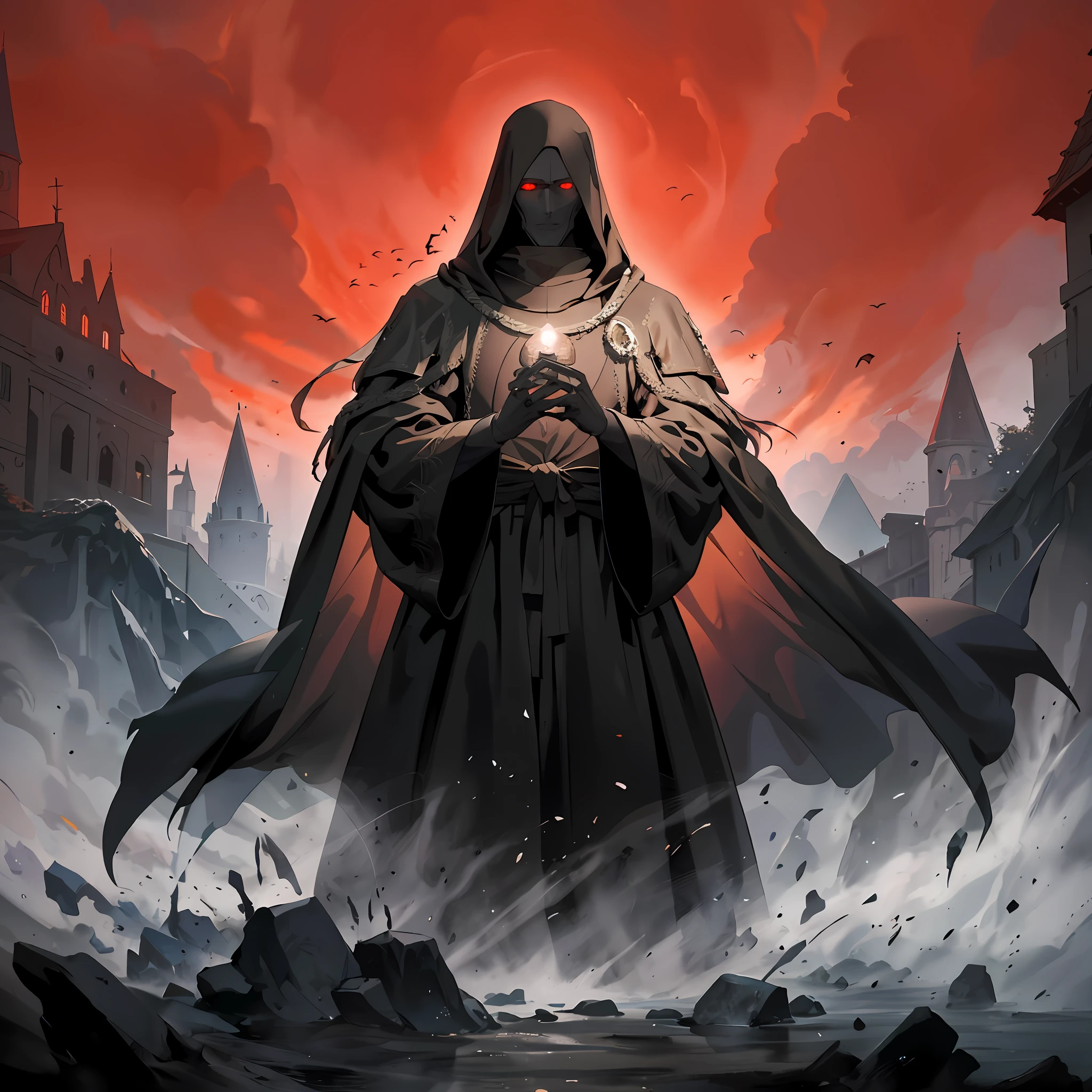 In the European Middle Ages, a monk in a black magic cloak, with his head bowed, his face in sight, his eyes glowing red, bowed to the statue of the devil, surrounded by evil and eerie. Full body character portrait, game illustration style