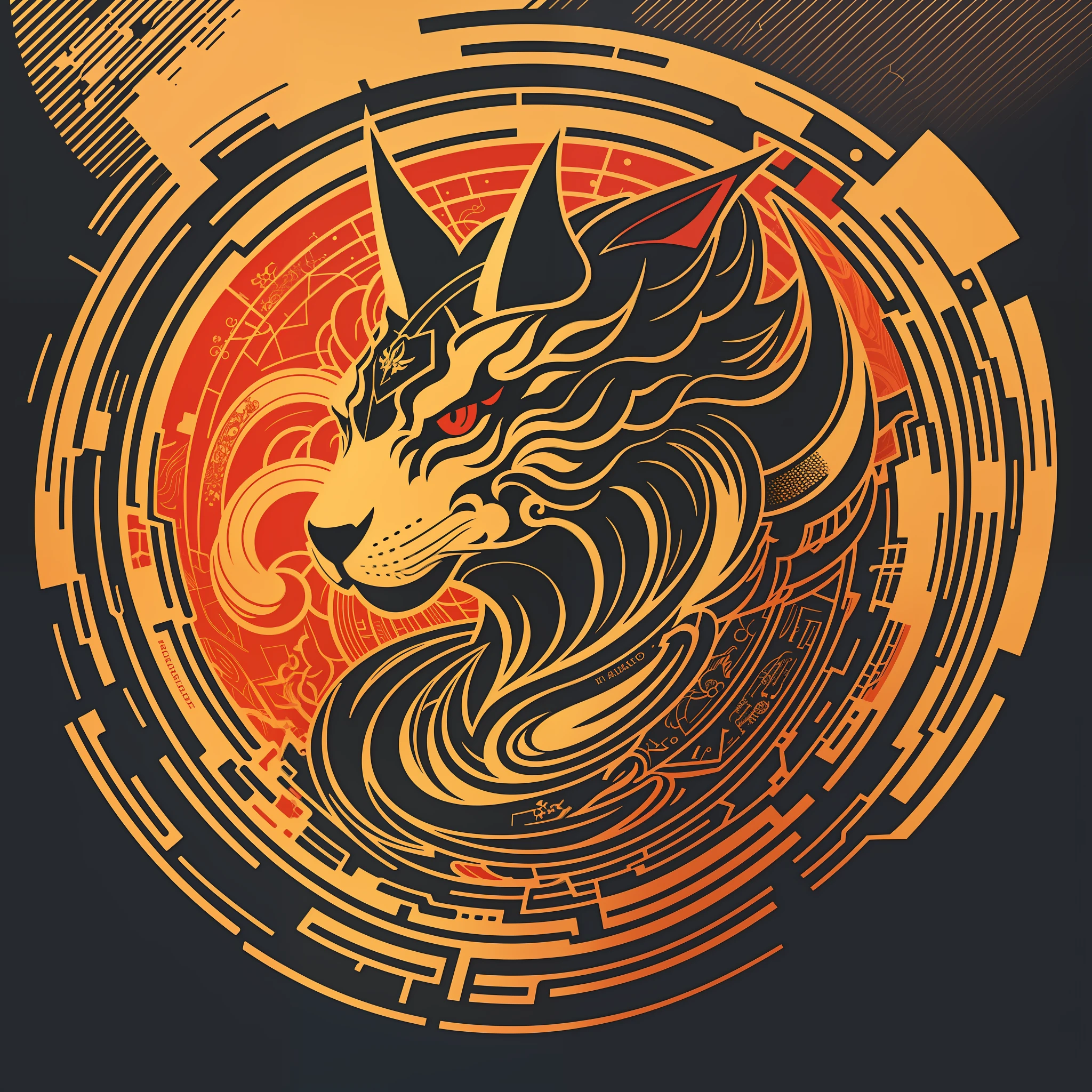 [Gold Japan Armor] circular heraldic silhouette, logo masking style illustration, Dan Mumford, Greg Lutkowski, James Jean, black background, fantasy art, mysterious, realistic, majestic, rich vivid colors, high contrast, seamless water brand, art station, Devian art, dribbling, red bubble, Tee public, sharp focus, simple, hyper detail, detailed drawing, vectorization, outline, isometric style, 8k.