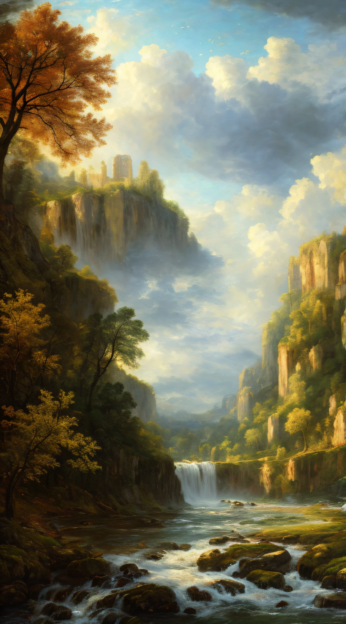 Masterpiece, best quality, high quality, extremely detailed CG 8k wallpaper unit, charming dream scene of dream forest, imposing trees, hidden fairy gorge, creating a mysterious and charming feel, artstation, digital illustration, complex, trend, pastel colors, oil painting, award-winning photography, bokeh, depth of field, HDR, bloom, chromatic aberration, realism, very detailed,  artstation trend, CGsociety trend, complex, high detail, dramatic, dark art, clouds, sun, waterfalls, John Constable Painter, horizontal painting,