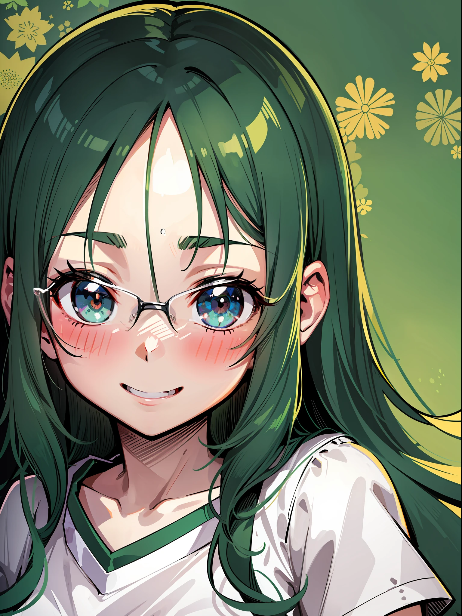 , abstraction, portrait, elemental, green tone, hayase Nagatoro, flat color, smile, happiness, SD,