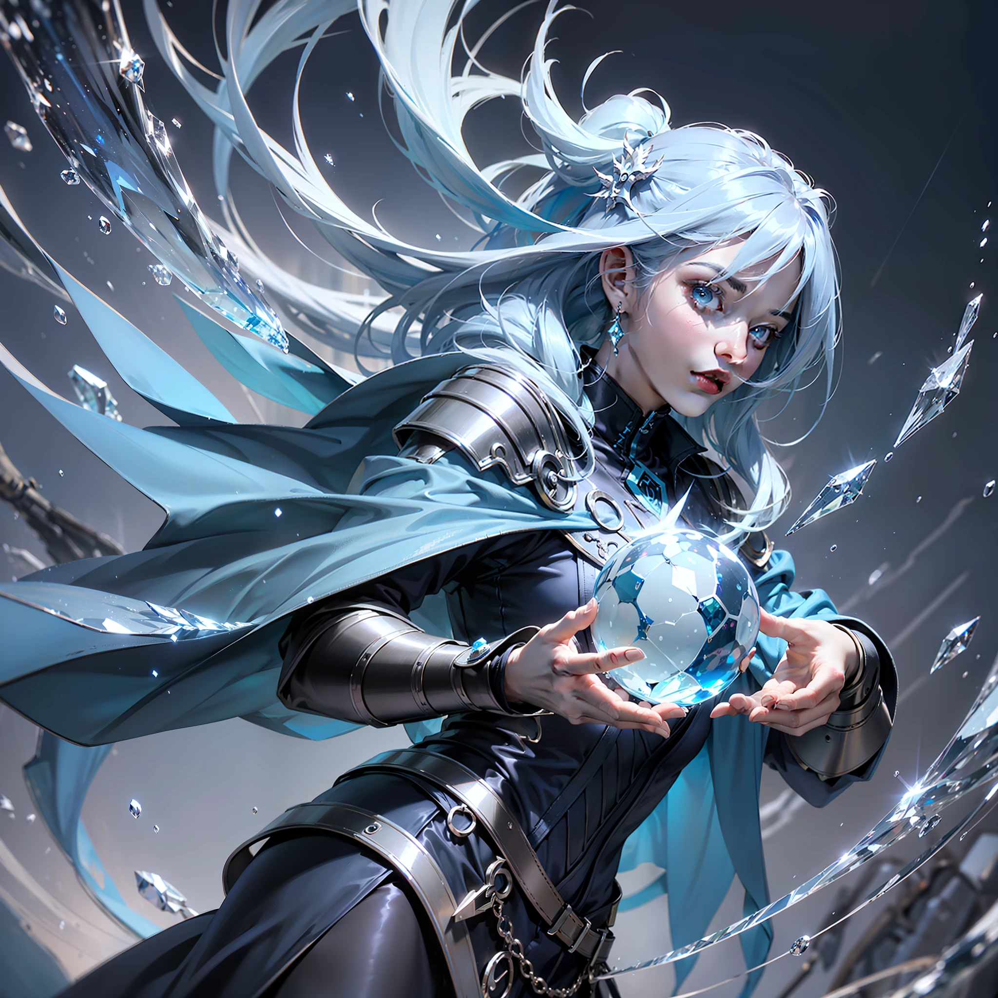 A Magician, (Blue Silk Robe), (Mysterious Magic Array: 1.2), ((Ice Dragon)), (Ice Crystal Scales), Blue Light, (Frost Wings), Powerful Ice Magic, Icicles, Towering into the Clouds, Blue Cold Light, Ice Storm, Chilling Wind, Flying Ice and Snow, Spectacular Effects, Best Quality, Masterpiece, Ultra High Resolution, Fine Details, Complex Details, 8K Resolution, 8KUCG Wallpaper, HDR, Aqua Blue, Magic Array, Cinematic Light Effects, Chiaroscuro, Ray tracing, NVIDIA RTX