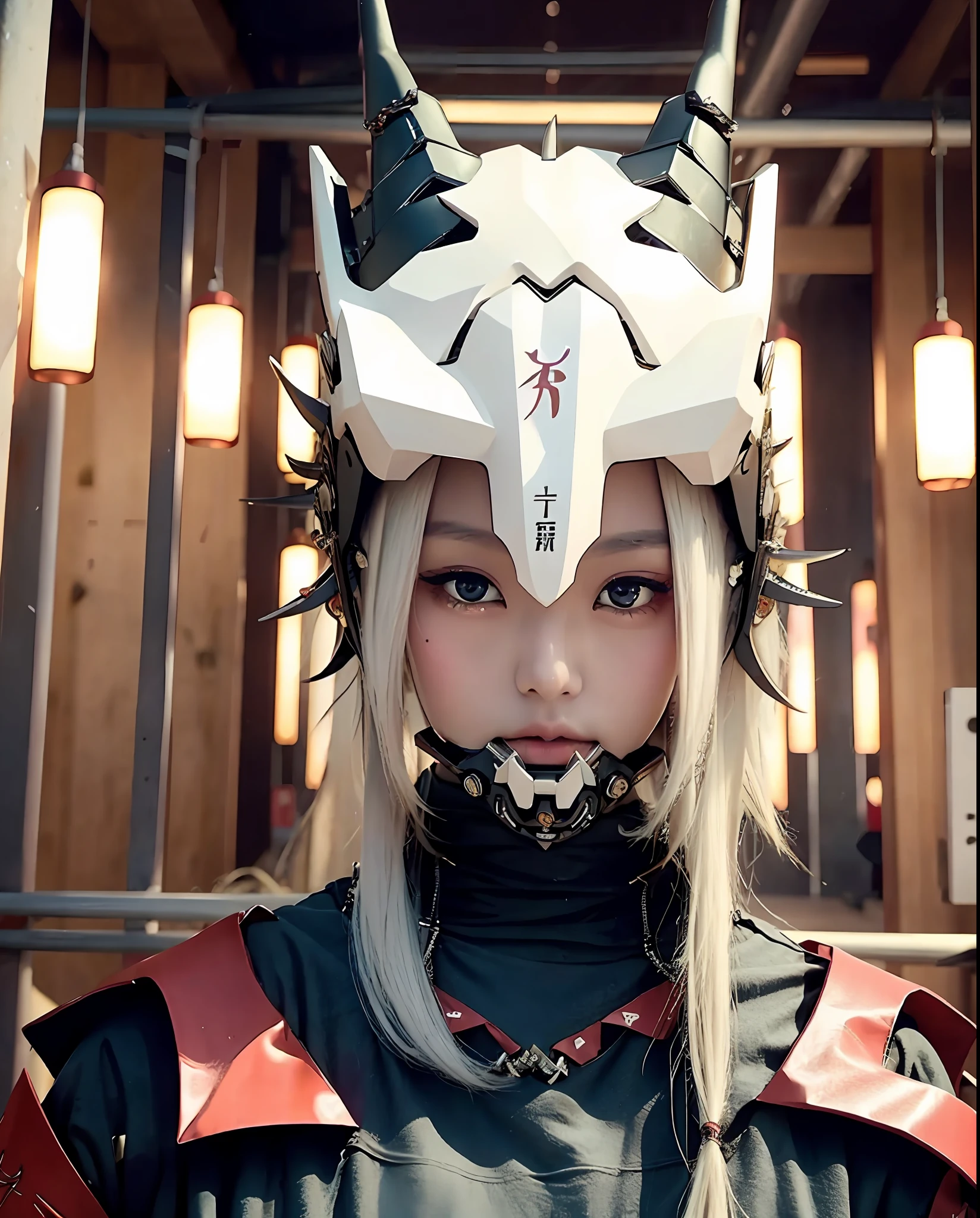 1 japanese girl , full body, dragon mask, dragon eyeshield, dragon bone, japanese oni mask, horn, beautifull, demon mask,  Katana, silver long hair, night, dark, dim light  cyberpunk , eye shield, glowing eyes, glowing armor,  Torii, , glossy, shinny, cyberpunk mask, mecha mask, demon, futuristic cyberpunk, analog photo, 3d realistic, stuning potrait, (extremely detailed CG unity 8k wallpaper), of the most beautiful artwork in the world, professional photography, trending on ArtStation, trending on CGSociety, Intricate, High Detail, Sharp focus, dramatic, photorealistic, cyberpunk, futuristic, pale skin, slim body, (high detailed skin:1.2), 8k uhd, dslr, soft lighting, high quality, film grain, Fujifilm XT3, detailed face, detailed eyes, luminous eyes