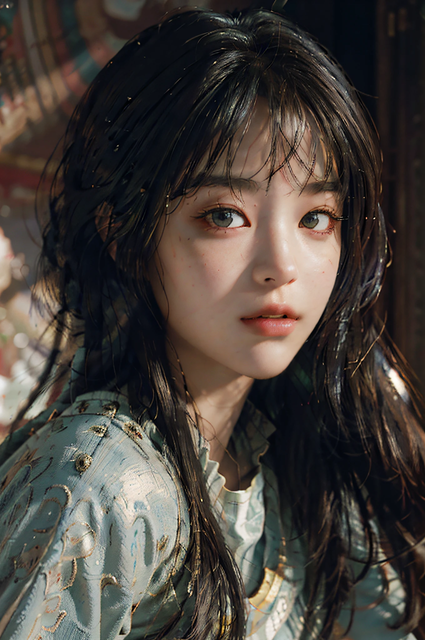 (RAW photo, best quality), (realistic, photo-realistic:1.3),best quality,highly detailed,masterpiece,ultra-detailed,illustration,1girl,upper_body,dynamic angle,world masterpiece theater,messy_long_hair,best quality,extremely detailed CG unity 8k wallpaper,ink,Amazing,cinematic lighting,lens_flare, dunhuang_style