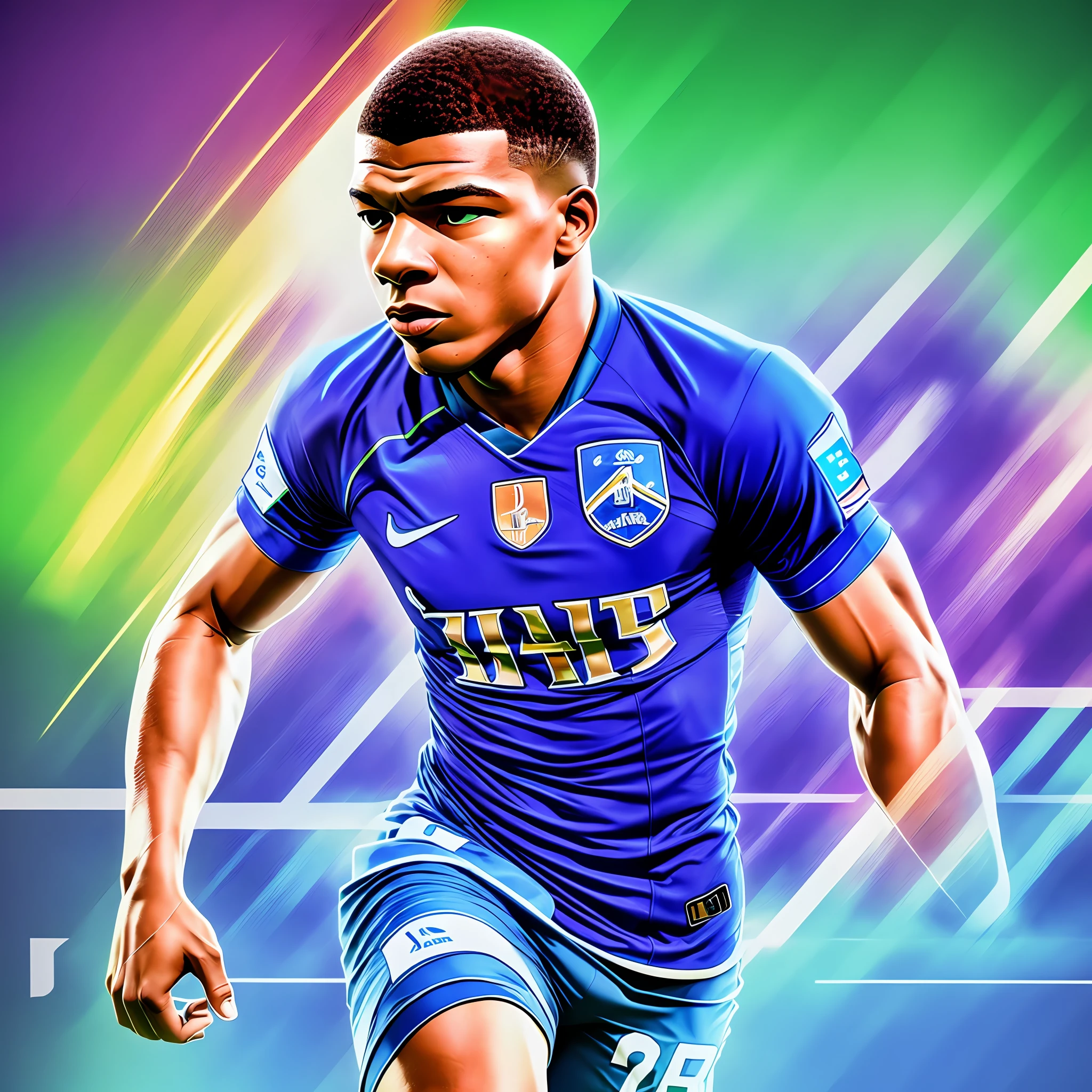 football player, mbappe, realistic photo, 4k, realistic, neon colors, --auto --s2