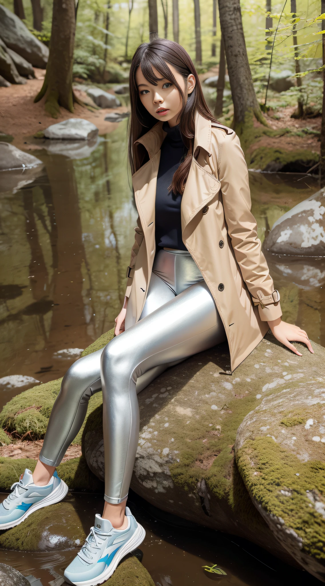 A long-legged girl wearing a beige trench coat and silver leggings, blue sneakers, sits on a large rock in the forest, surrounded by water