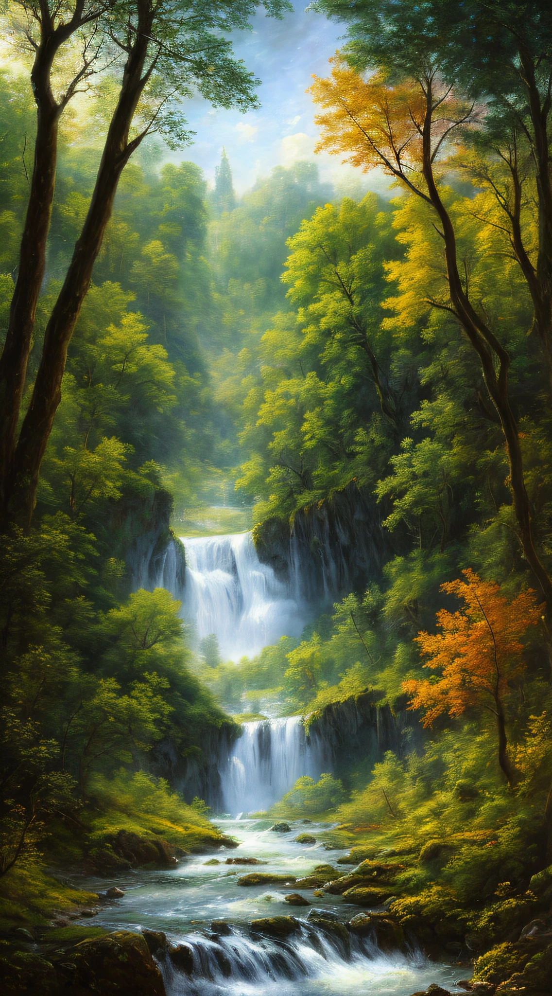 Masterpiece, best quality, high quality, extremely detailed CG 8k wallpaper unit, charming dream scene of dream forest, imposing trees, hidden fairy gorge, creating a mysterious and charming feel, artstation, digital illustration, complex, trend, pastel colors, oil painting, award-winning photography, bokeh, depth of field, HDR, bloom, chromatic aberration, realism, very detailed, artstation trend, CGsociety trend, complex, high detail, dramatic, dark art, clouds, sun, waterfalls, John Constable Painter, horizontal painting,