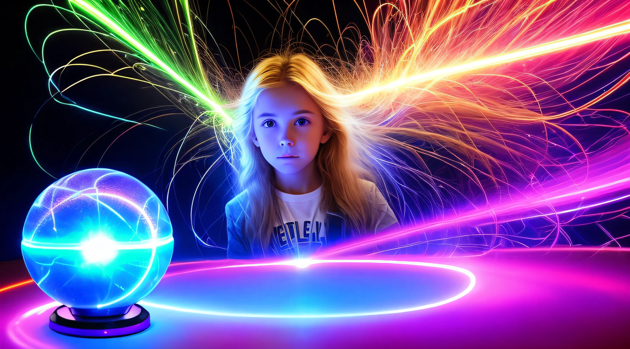 CHILD GIRL WITH LONG BLONDE HAIR, A closeup of a plasma ball on a table in a room, plasma globe, aura of electricity, tesla coil, inner glow of plasma neon, bright magical time portal, spinning plasma, glowing sphere, holographic projection, a large sphere of red energy, explosion of neon lights, with electric arc device, ray arc plasma, energy spheres, extremely beautiful lighting