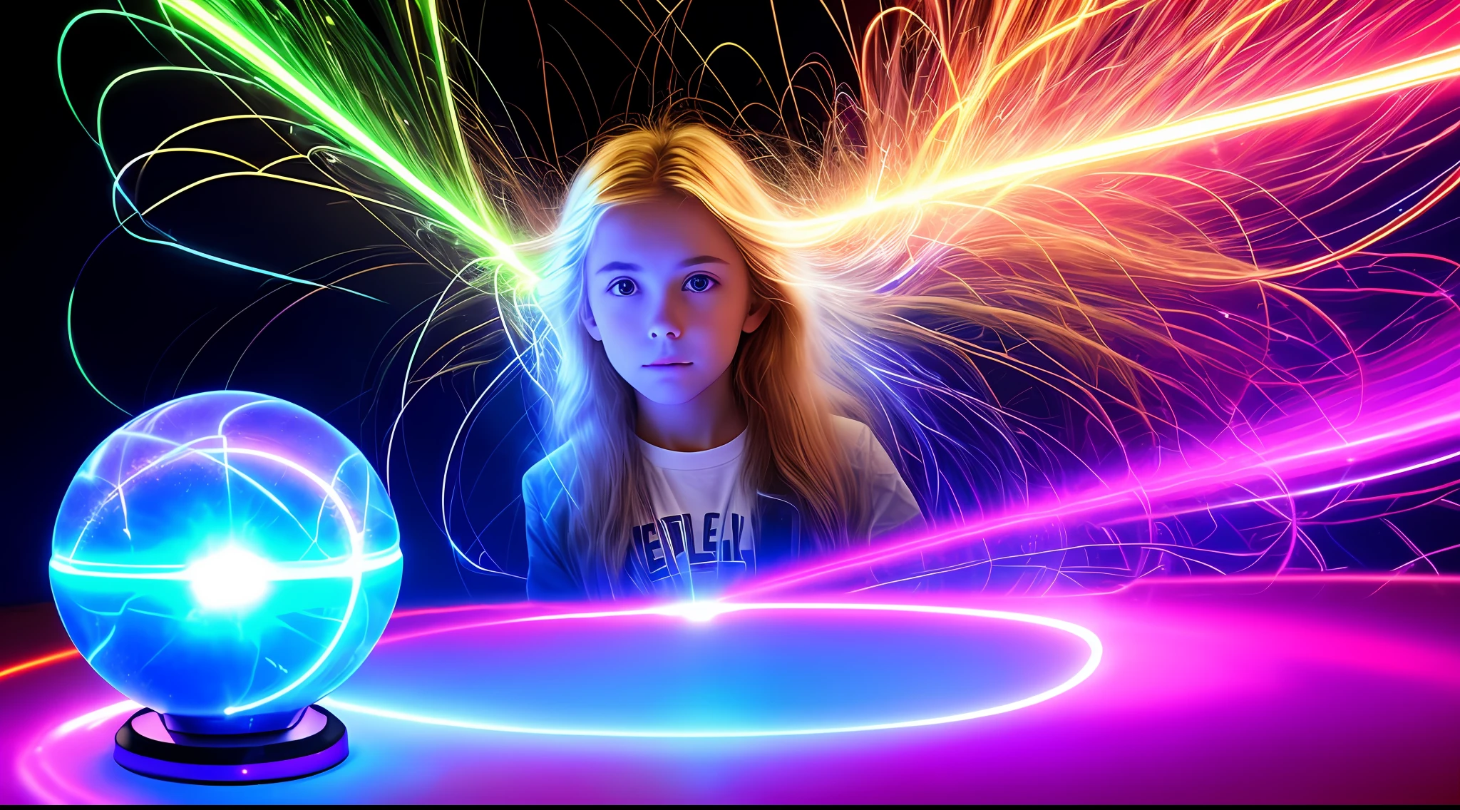 CHILD GIRL LONG BLONDE HAIR, A closeup of a plasma ball on a table in a room, plasma globe, aura of electricity, tesla coil, inner glow of plasma neon, bright magical time portal, spinning plasma, glowing sphere, holographic projection, a large sphere of red energy, explosion of neon lights, with electric arc device, ray arc plasma, energy spheres, extremely beautiful lighting