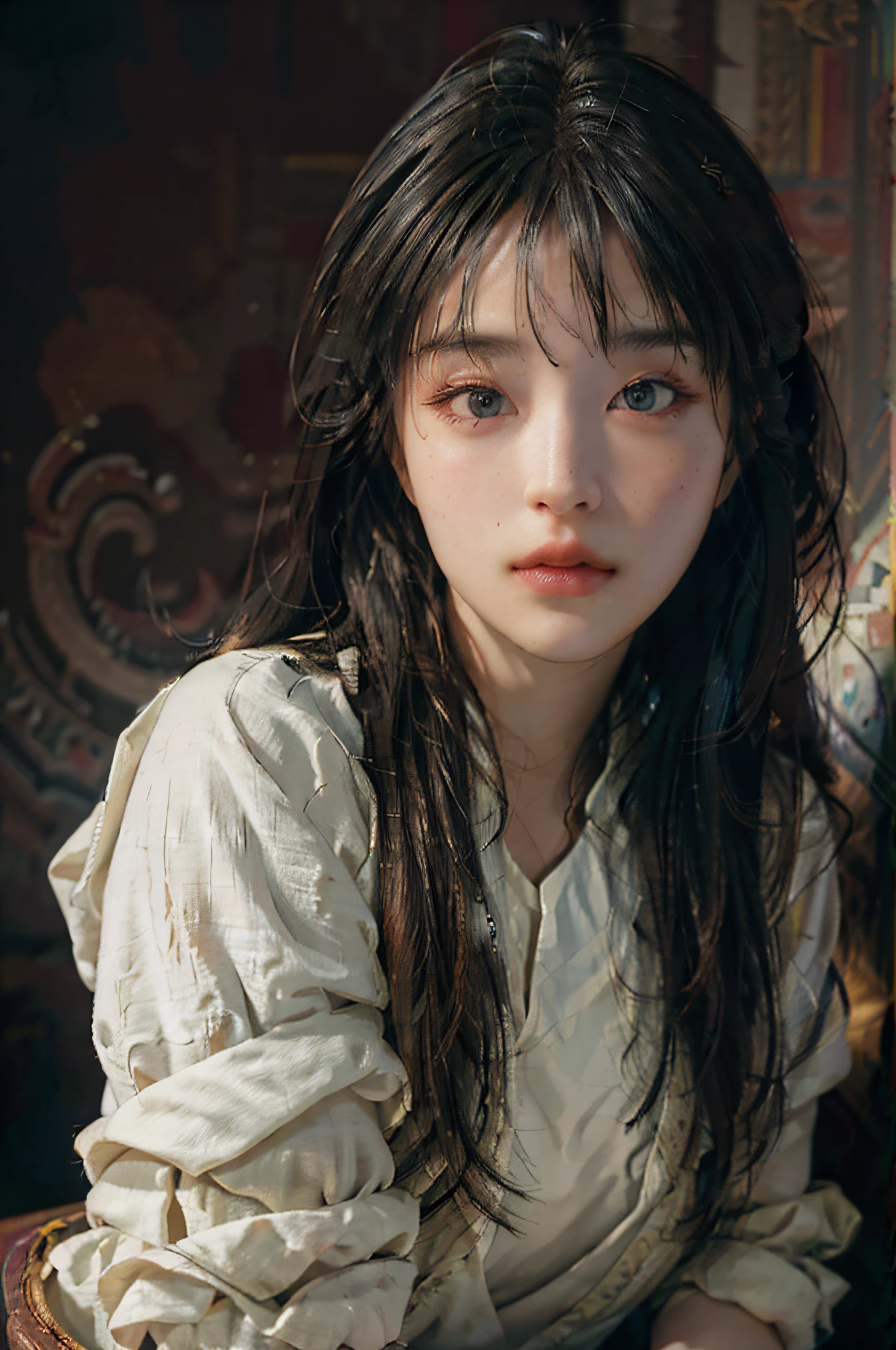 (RAW photo, best quality), (realistic, photo-realistic:1.3),best quality,highly detailed,masterpiece,ultra-detailed,illustration,1girl,upper_body,dynamic angle,world masterpiece theater,messy_long_hair,best quality,extremely detailed CG unity 8k wallpaper,ink,Amazing,cinematic lighting,lens_flare, dunhuang_style