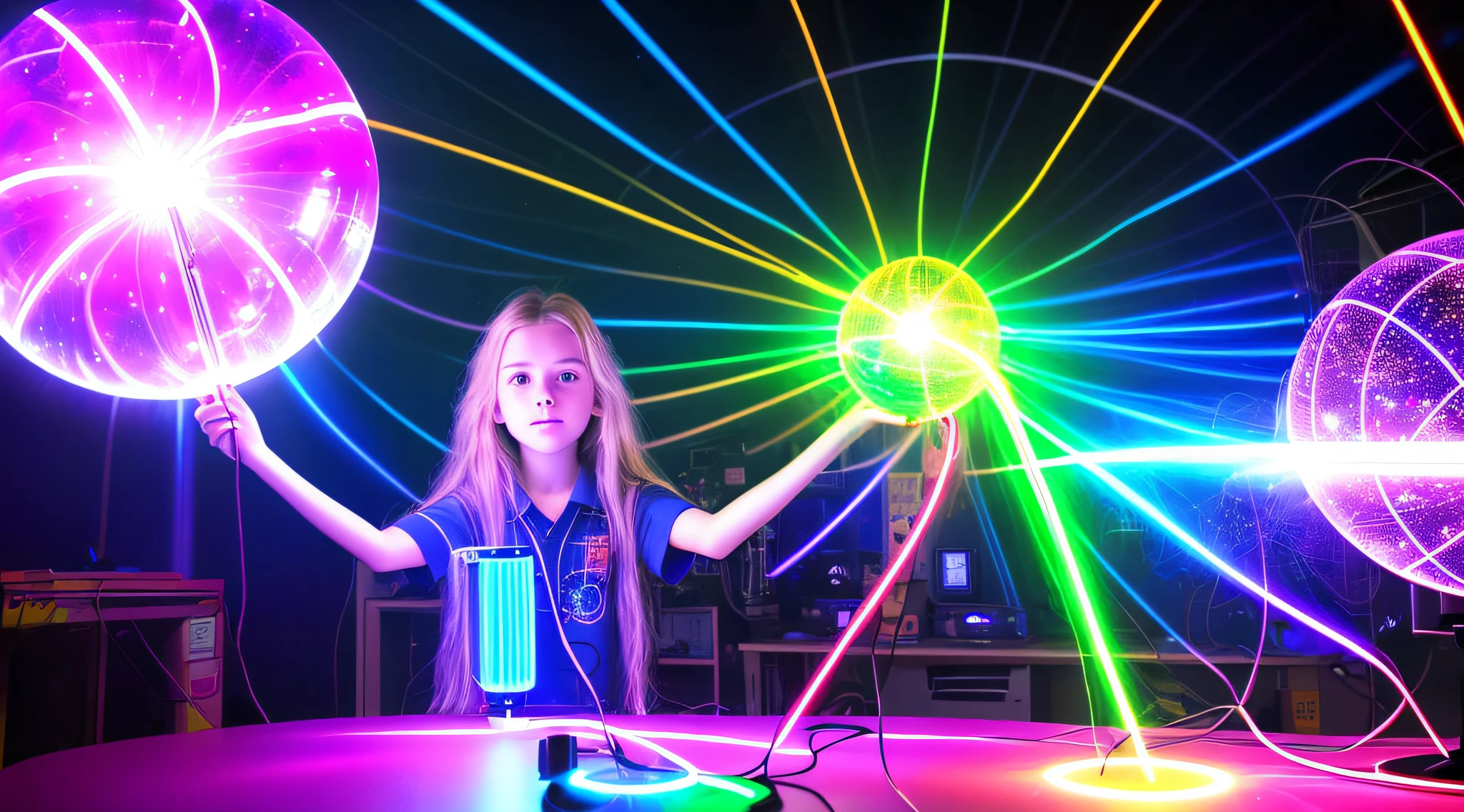 14-YEAR-OLD CHILD GIRL WITH LONG BLONDE HAIR, A closeup of a plasma ball on a table in a room, plasma globe, aura of electricity, tesla coil, inner glow of plasma neon, bright magical time portal, spinning plasma, glowing sphere, holographic projection, a large sphere of red energy, explosion of neon lights, with electric arc device, ray arc plasma, energy spheres, extremely beautiful lighting