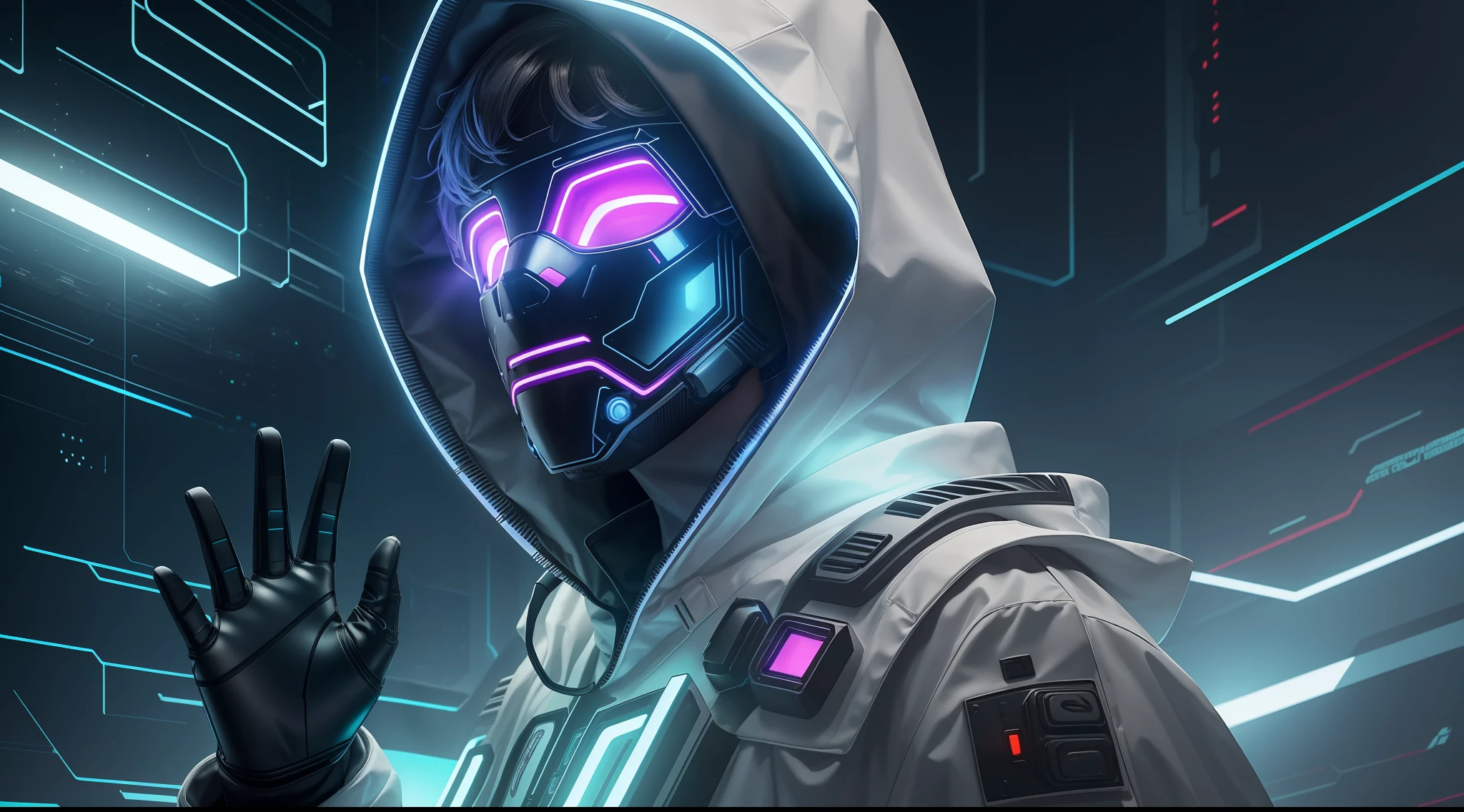 (amazing scene) hooded boy wearing cybernetic led mask with medium hair with white sash in hair looking up and waving goodbye to camera positioned below shoulder line and the boy with the gloved hand on the chin and background of a cyber punk cyber city
