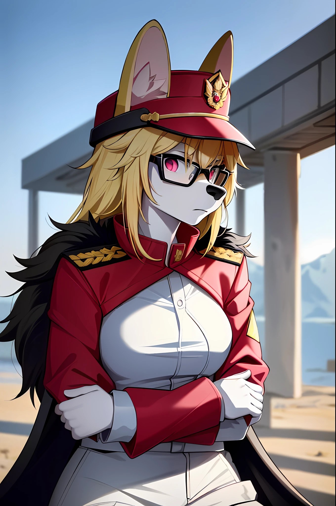 (masterpiece, best quality)), (Anthro Furry:1.3, muzzle:1.2, Anthro:1.3, Furry:1.2, closeup:1.2, female solo:1.2, (wearing Russian military coat) military pants, wearing glasses, Fox spiraled in the colors of Funtime Foxy,Five Nights at Freddy,white skin pink details, pink eyes, sexy position, deserted ambient place, Russian general military hat.