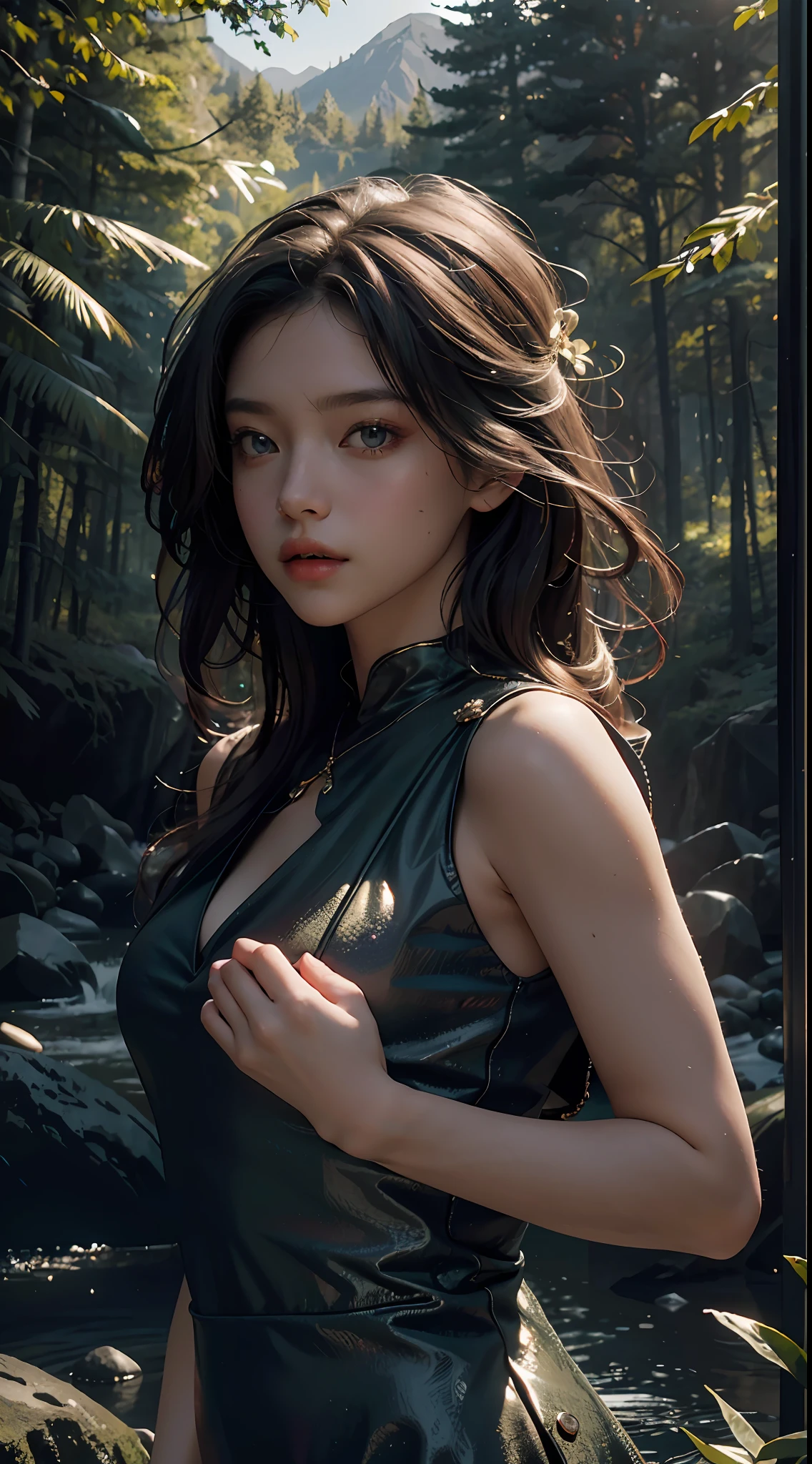 Best Quality, Masterpiece, Ultra High Resolution, (Photorealistic: 1.4), Original Photo, 1Girl, Dress, Cinematic Lighting, (Wilderness Escape: 1)