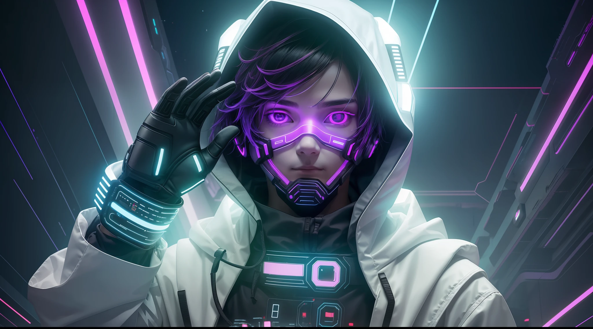 (amazing scene) hooded boy wearing cybernetic led mask with medium hair with white sash in hair looking up and waving goodbye to camera positioned below shoulder line and the boy with the gloved hand on the chin and background of a cyber punk cyber city