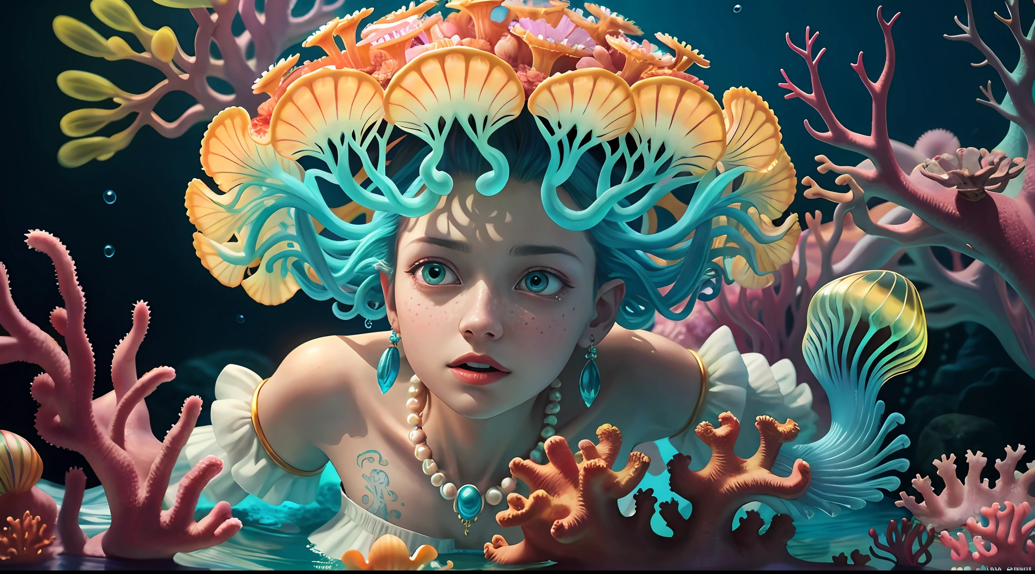 Colorful, master composition, focus on key figures, realism, masterpiece, award-winning, best quality, masterpiece, ultra-detailed, 8K, extremely detailed CG Unity 8k wallpaper, complex, highly detailed, realistic, "under water, intricate details, macro shot glowing jellyfish girl, coral, light bulb, brightness, (neutral color: 1.2), ultra-detailed, cinematic, complex background, huge ocean twisted Mandelbrot fractal shell, golden pearl nacre, hyper detail, ArtStation, Octane Renderer, (Color Acne: 1.3)",