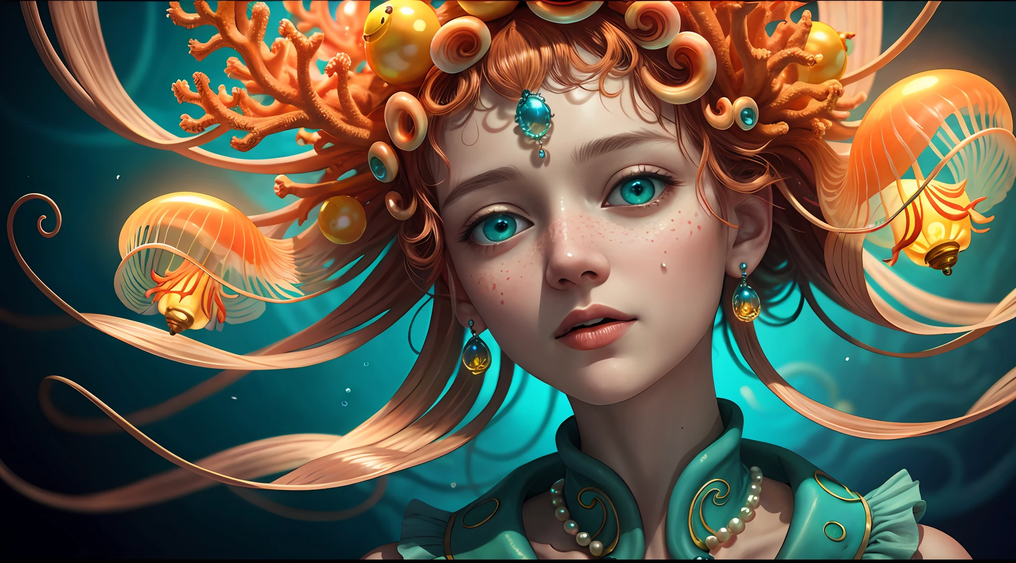 Colorful, master composition, focus on key figures, realism, masterpiece, award-winning, best quality, masterpiece, ultra-detailed, 8K, extremely detailed CG Unity 8k wallpaper, complex, highly detailed, realistic, "under water, intricate details, macro shot glowing jellyfish girl, coral, light bulb, brightness, (neutral color: 1.2), ultra-detailed, cinematic, complex background, huge ocean twisted Mandelbrot fractal shell, golden pearl nacre, hyper detail, ArtStation, Octane Renderer, (Color Acne: 1.3)",