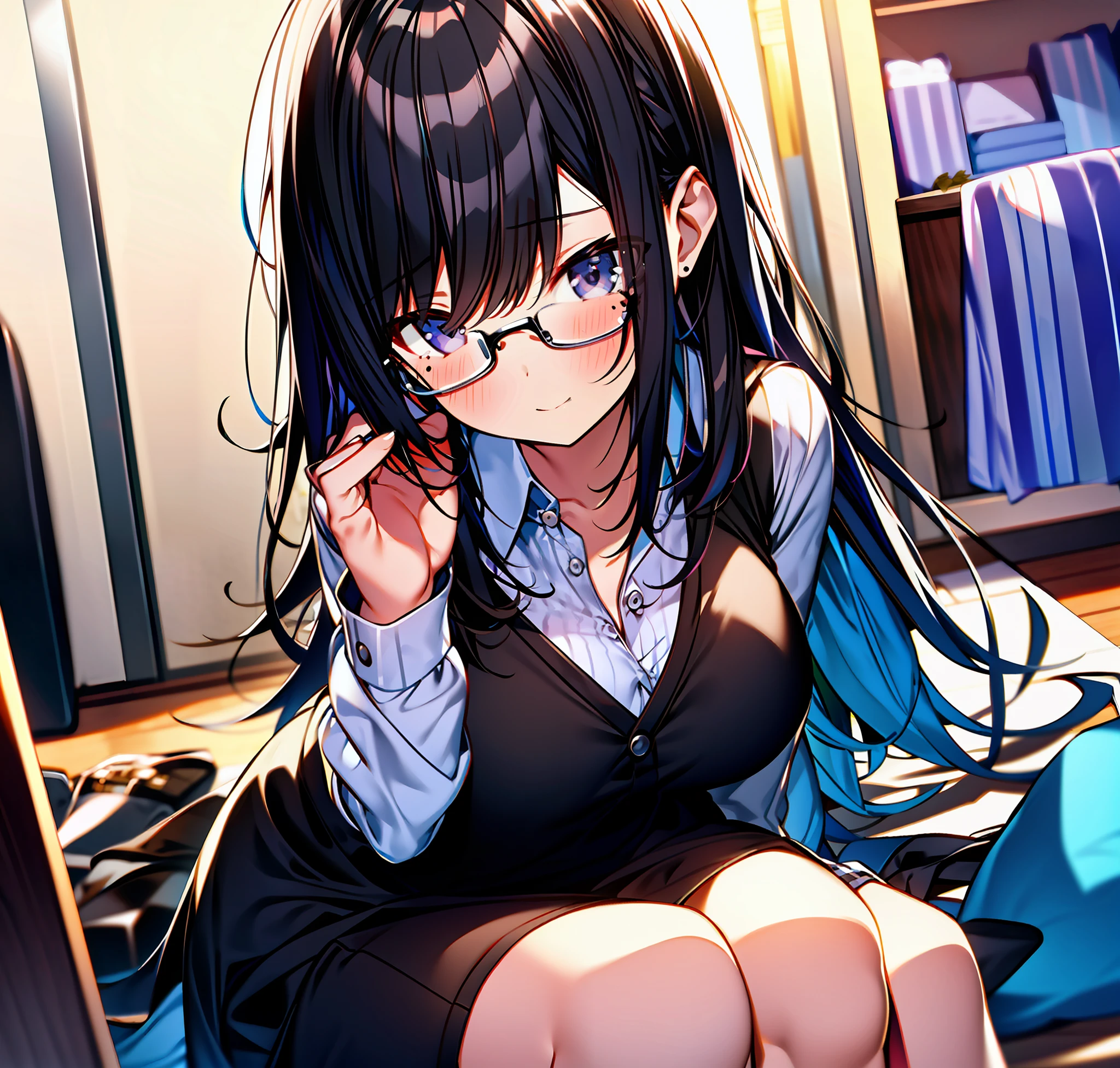 indoors, skirt, seduction, ahoge, cute, girl, high school, cute costume, modest breasts, crying moles, black hair, black eyes, sitting, holding in hand, wearing glasses, high image quality, ((alone))