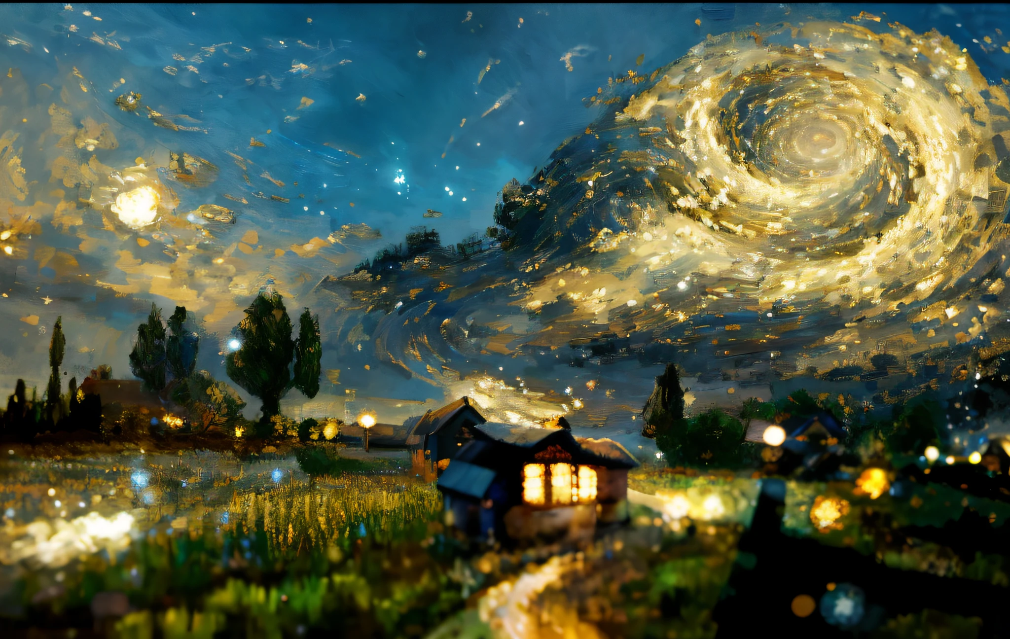 painting of a house in a field with a starry sky, 4k highly detailed digital art, extremely detailed digital art, beautiful art uhd 4 k, highly detailed surreal vfx, van gogh art style, dreamlike digital painting, swirling scene, highly detailed digital painting, painting of a dreamscape, van gogh style, in style of van gogh